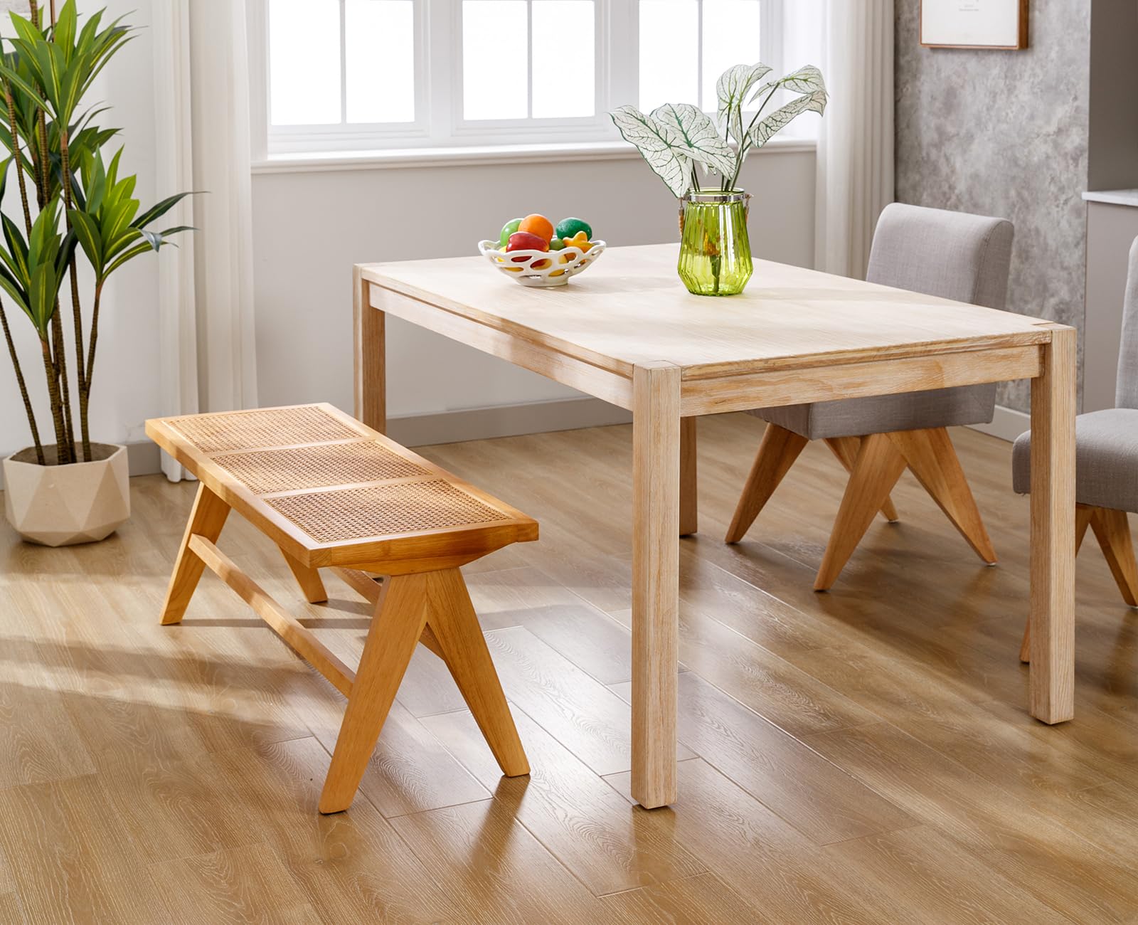 Wahson Banc de Salle à Manger en Rotin et Bois Massif - Banquette Restaurant pour Cuisine, Bois Naturel