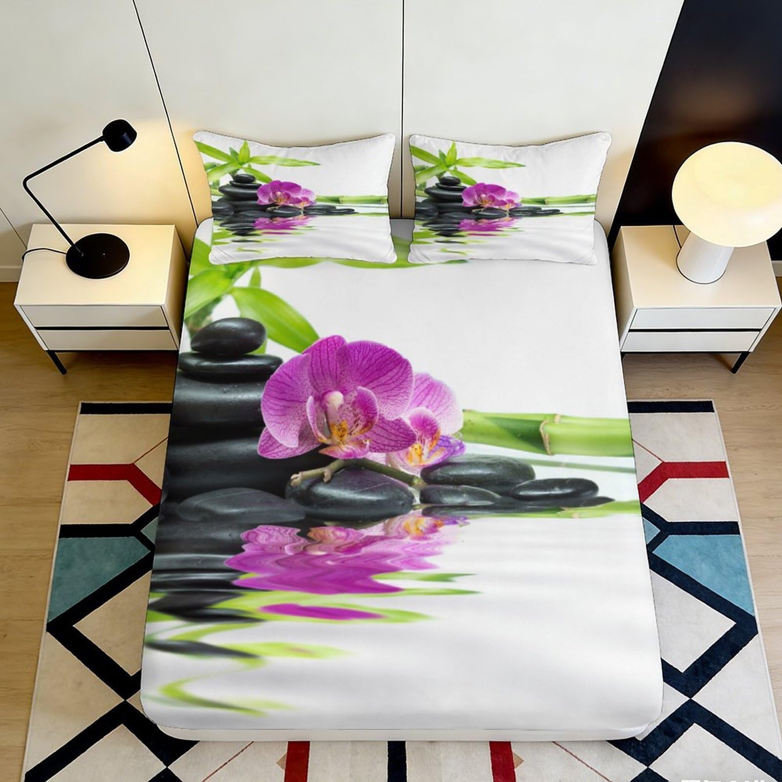 3D Printed Orchid Zen Stone Fitted Sheet Microfiber Soft Bed Sheet Purple Green Decor Bedroom Dorm 90x200x25cm