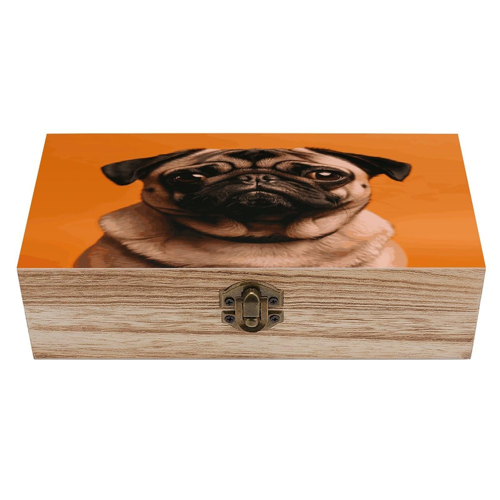 VstaDank A Pug Wooden Storage Box Wooden Keepsake Box with A Hinged Lid Fashion Memory Treasure Boxes Decorative Jewelry Case for Crafts Photo Home Decor Wood Gift Box