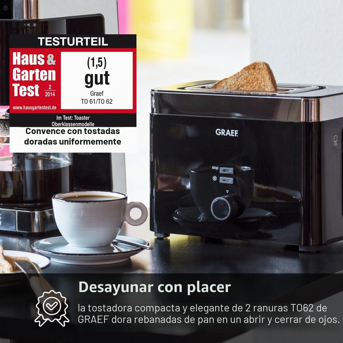 GRAEF Tostadora TO62 Negra Tostadora de 2 rebanadas con accesorio para panecillos, desconexión de seguridad, centrado de rebanadas de pan y bandeja recogemigas