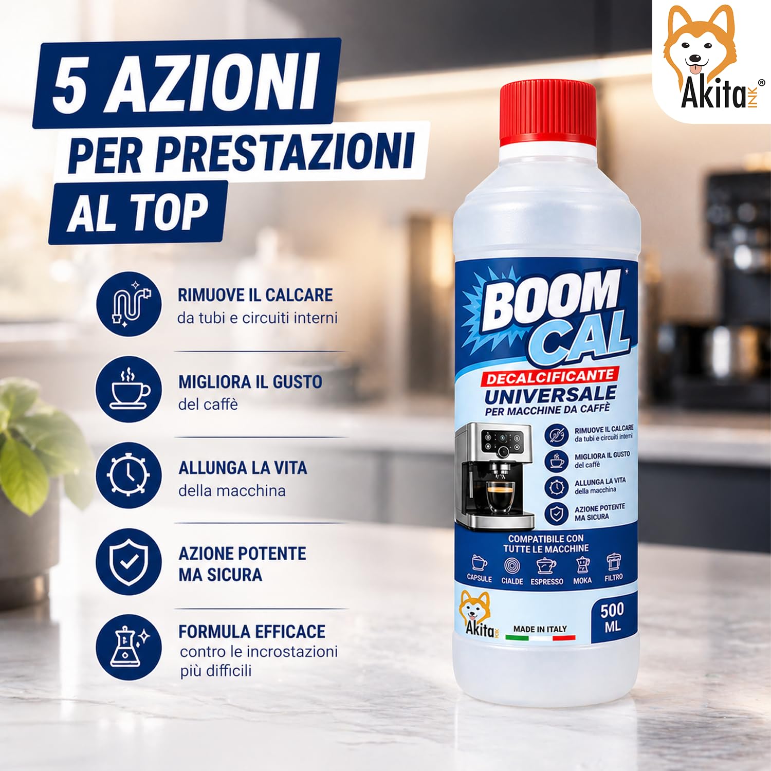 Akitaink Decalcificante Universale per Macchine da Caffè 1000 ml, 2 Flaconi da 500 ml per Pulizia e Manutenzione di Macchine Espresso e Automatiche