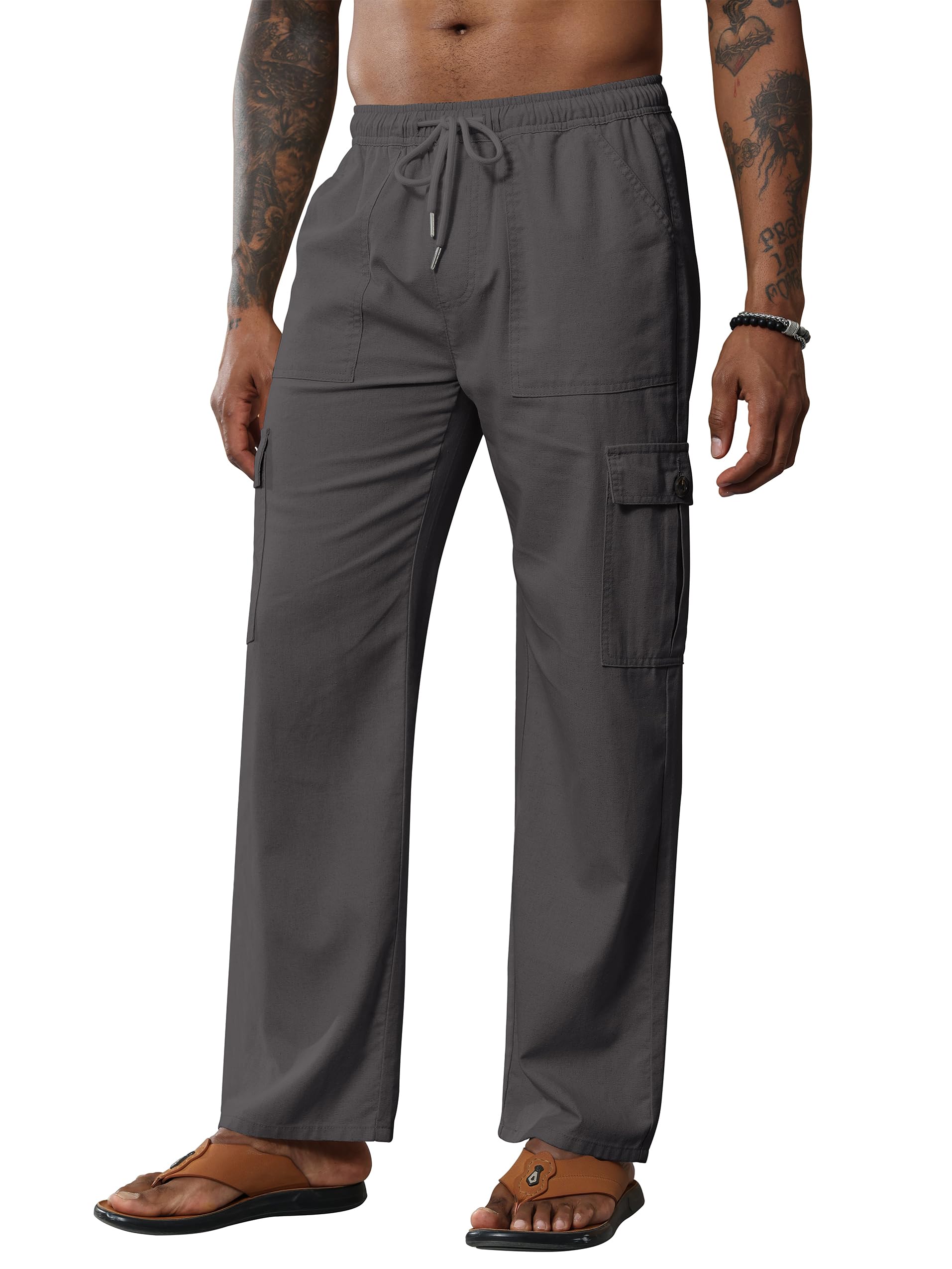 Breampot Herren Leinenhose Lang Leicht Sommerhose Baumwolle Cargo Loose Freizeithose mit Kordelzug