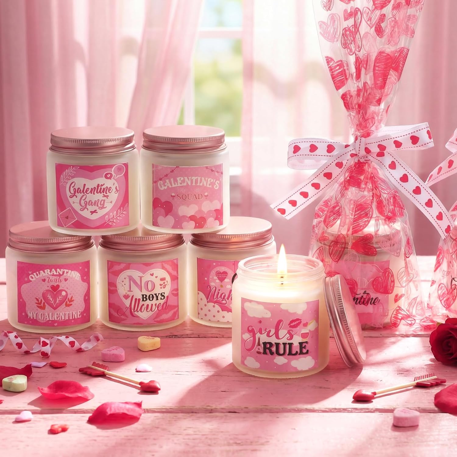 Lounsweer 12 Pack Galentine's Day Scented Candles Gifts for Her Pink Valentines Day 3.5oz Soy Wax Candles Gifts with Heart Ribbon and Bags for Women Friends Sisters BFF Birthday Presents Ideas