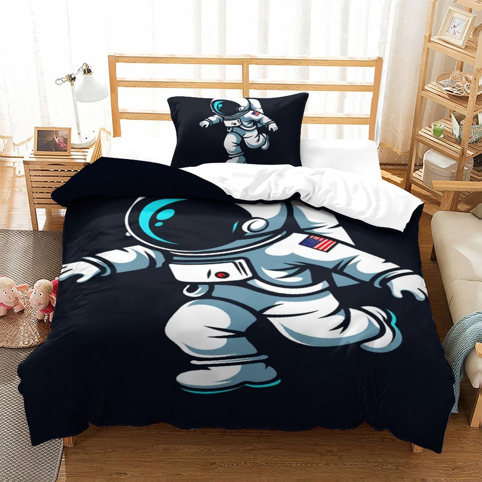 Housse de couette astronaute 3D lit simple 135x200 parure de lit microfibre enfant fermeture éclair