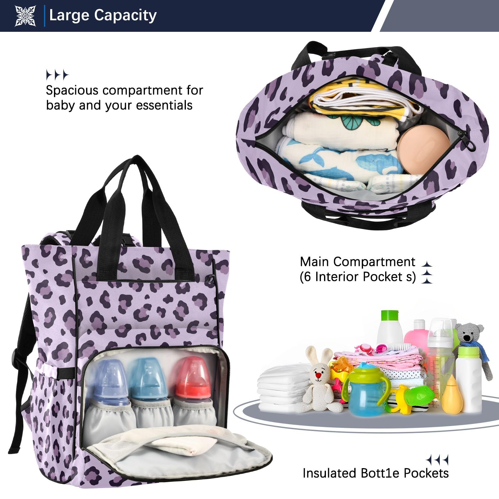 Mnsruu Borsa per pannolini per bambini viola con stampa leopardata borsa grande borsa impermeabile da viaggio borse per pannolini per mamme e papà