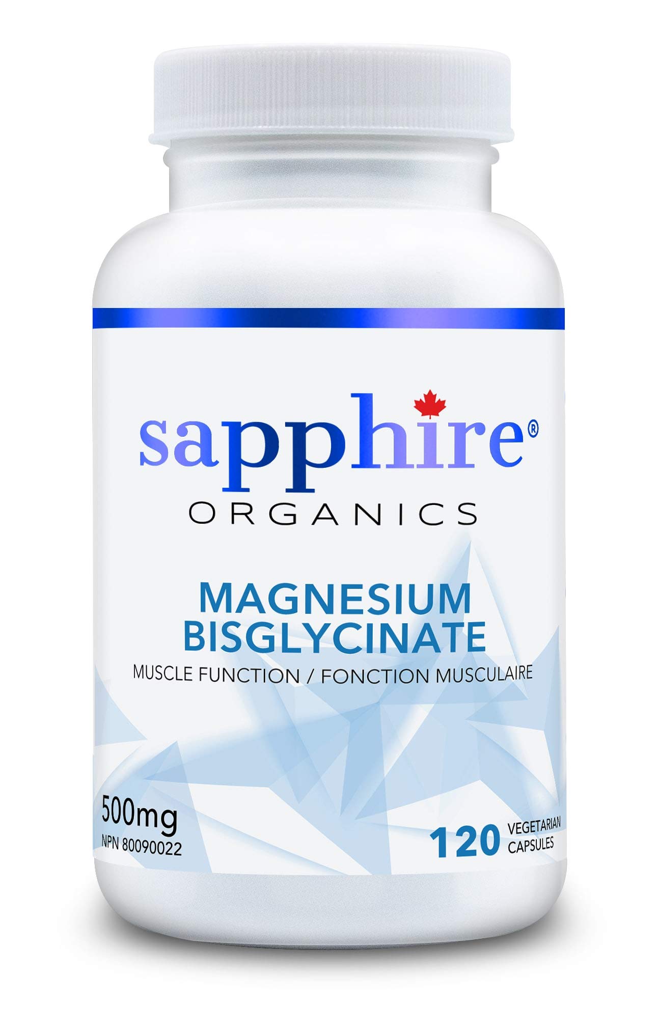 Sapphire Organics - Magnesium Bisglycinate, 120 Veggie Capsules 500mg, Made in Canada, Gentle on Stomach, Premium Grade