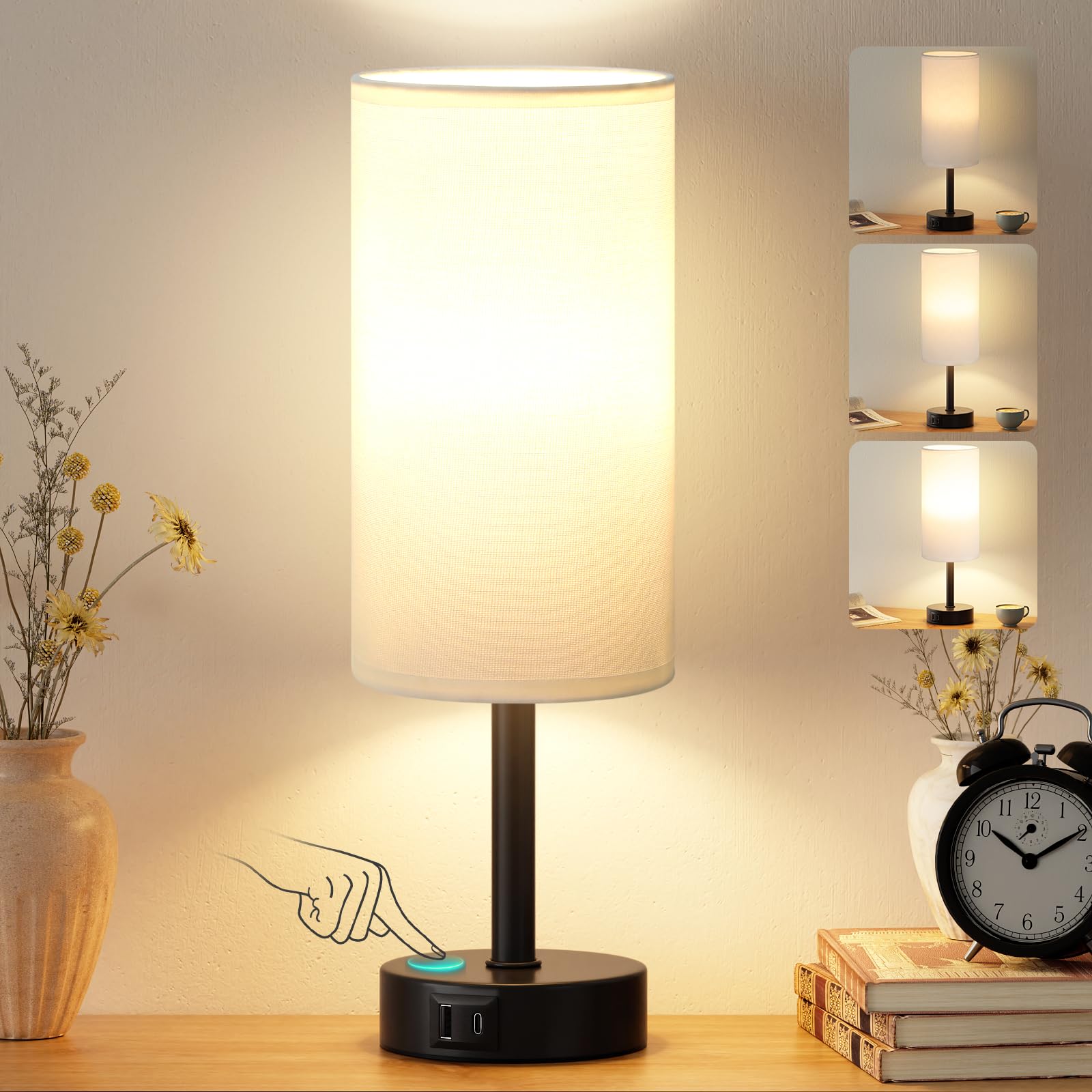 PreeOtti Bedside Lamps, Touch Lamps Bedside with 3-Way Dimmable & Dual USB Charging Ports, Minimalist Table Lamp for Living Room, Dorm, Home Office, White Shade-Black Base(Bulb Included)