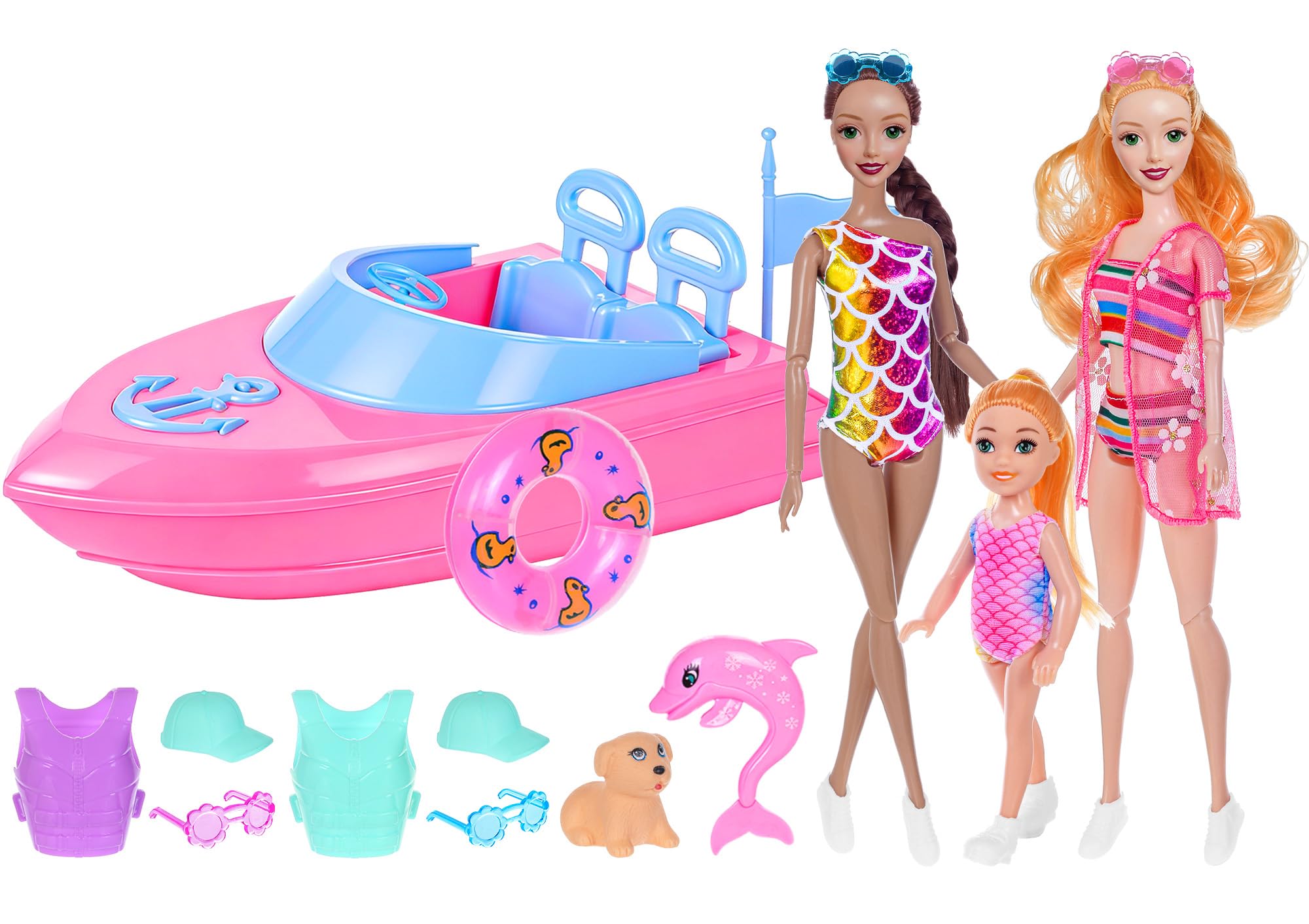 dollbie 11,5 Zoll Modepuppen und Boot Spielset - 3 Puppen mit Badebekleidung, Schwimmwesten, Zubehör, Haustier Welpe und Delfin Spielzeug - Sommer Strand Abenteuer Geschenkset für Mädchen