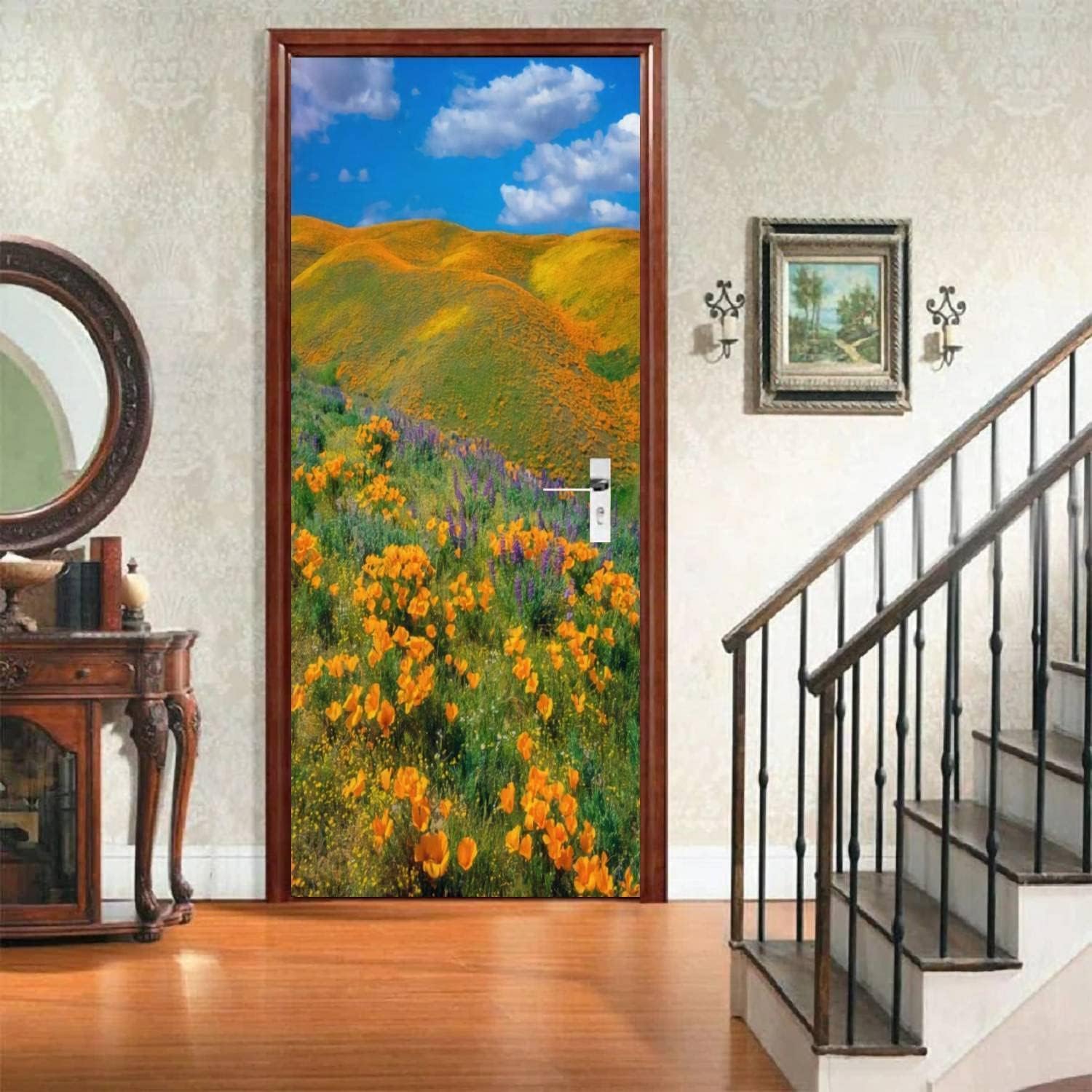 Sticker Porte Thème Naturel, Stickers Porte Trompe L'oeil Paysage Autocollant Poster Auto-Adhésif Art Décor Pour Chambre Salon Salle de Bain Papier Peint 95x215 cm 196n