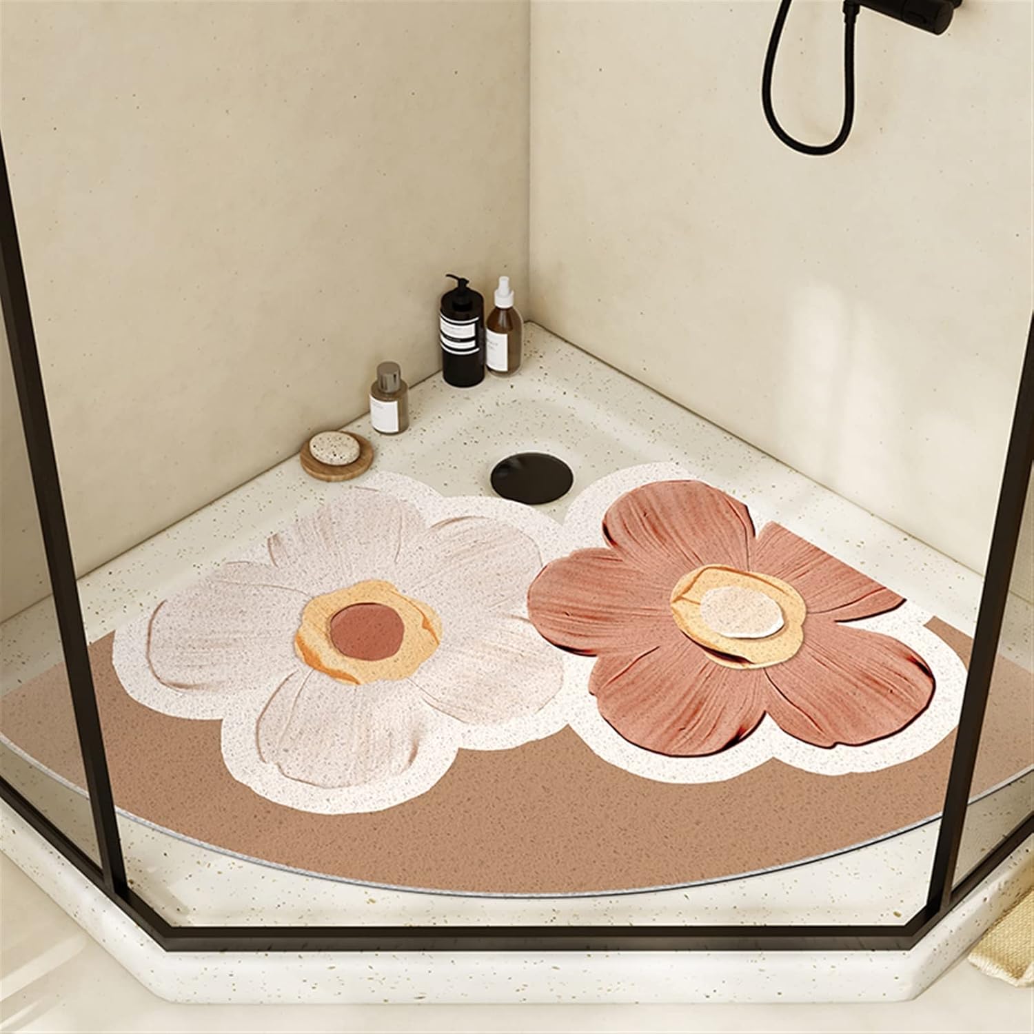 Anti Slip Curved Bathroom Mat for Corner Shower,Flower Corner Bath Mats