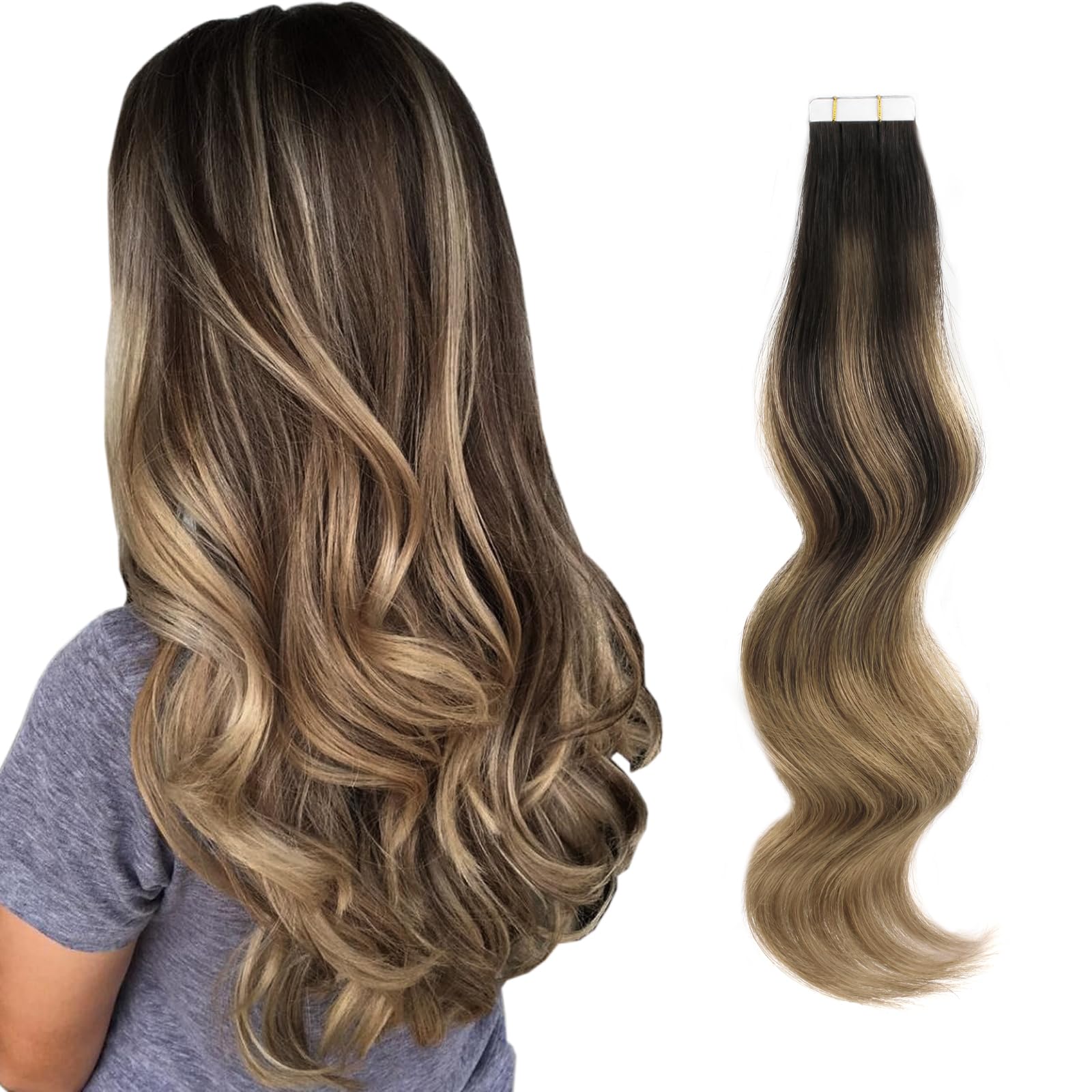 ABH AMAZINGBEAUTY HAIR Semi-permanent Balayage Tape in Hair Extensions, Remy Human Hair, 20 Pieces 50 Grams, Balayage Dark Brown Fading into Chestnut