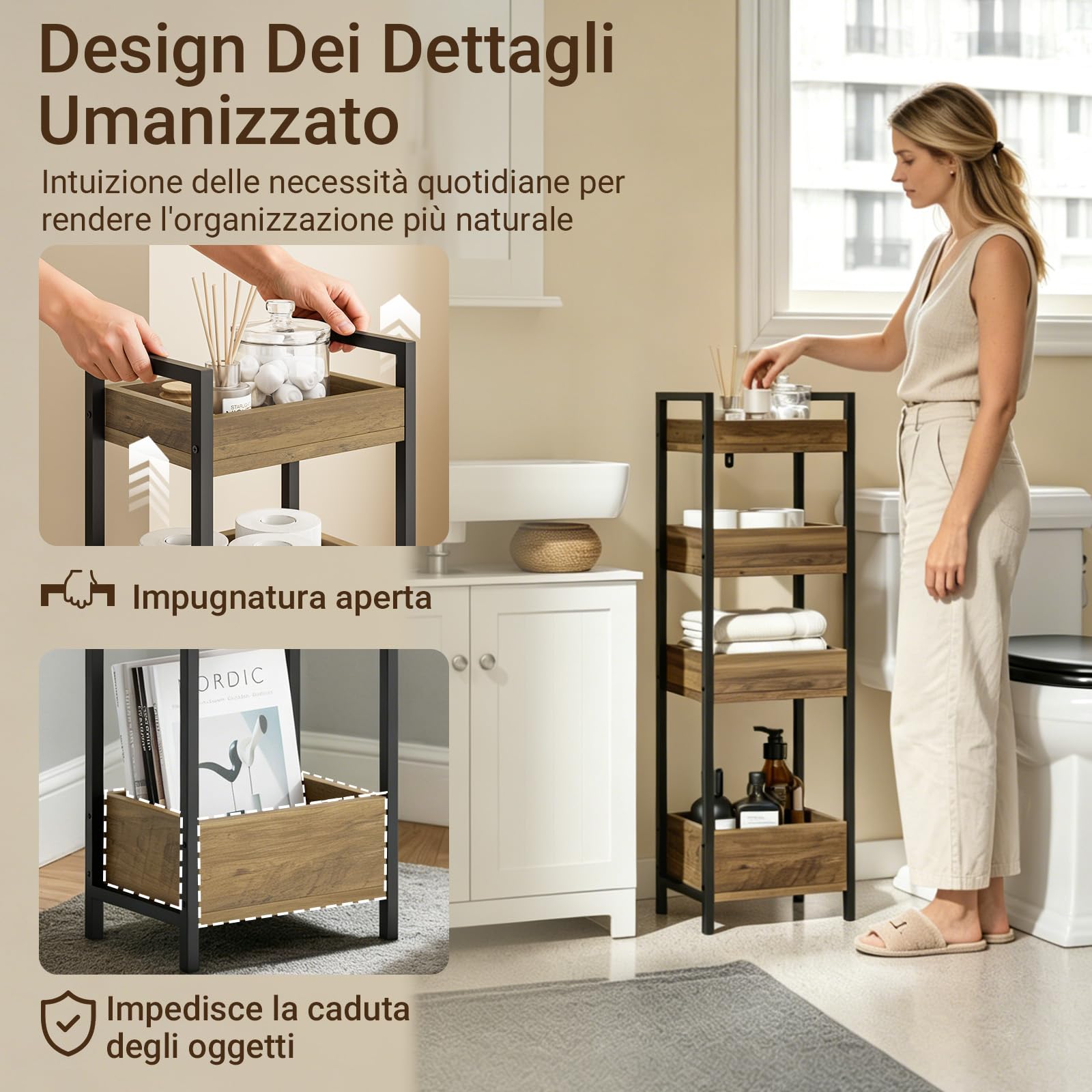 SoBuy Mobiletto Bagno Salvaspazio Stretto con 4 Ripiani - Mobile Bagno Salvaspazio Design Industriale 20 cm Larghezza Scaffale per WC e Lavanderia in Legno e Metallo FRG226-H-F