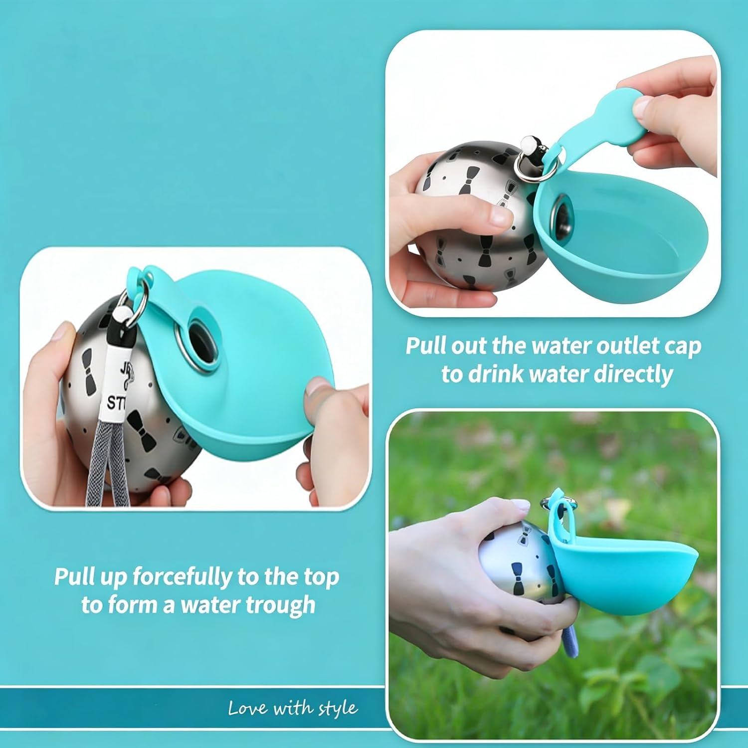 Foldable Dog Water Bottle, 2-in-1 Portable Dog Water Bottle with Bowl, Portable, Leak-Proof, Stainless Steel Bottle & Silicone Bowl, for Puppy Outdoor Walking Travel (2pcs B)
