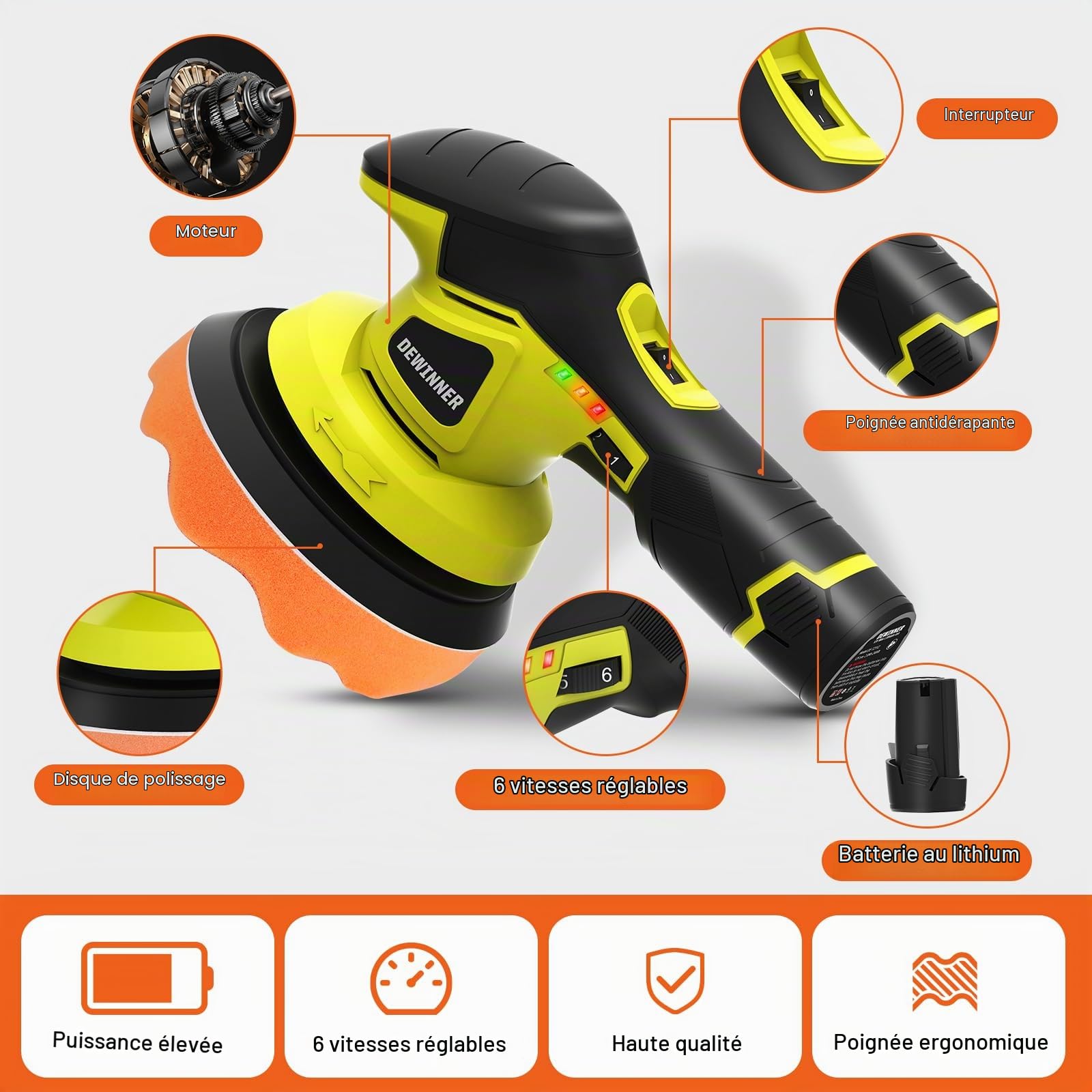 DEWINNER Polisseuse Voiture Professionnelle, Machine à Polir Variable à 6 Vitesses, 2*2A Batterie, 26 accessoires de polissage Rotative 5000rpm, Pour Le Polissage, Cirage, Ponçage