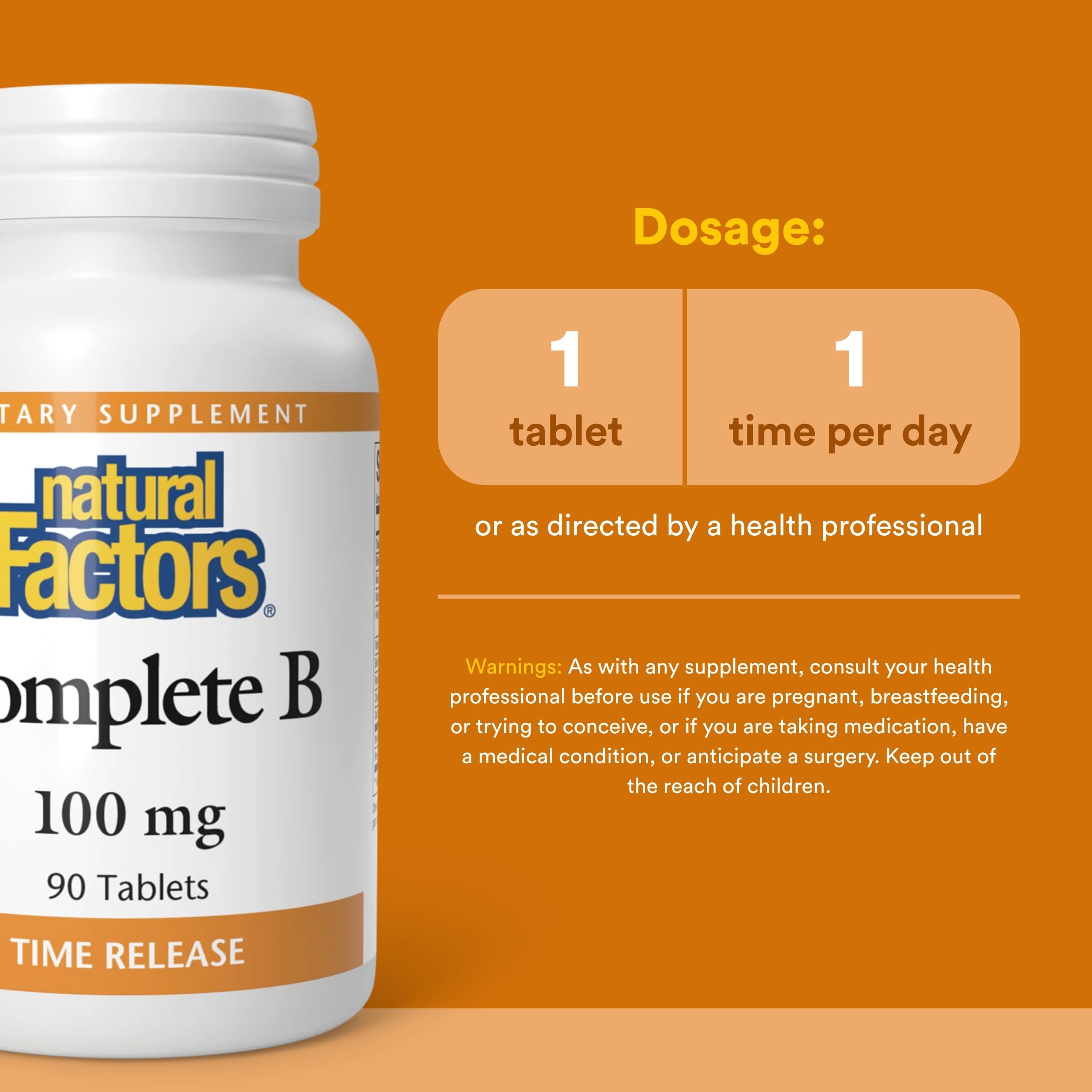 Natural Factors, Complete B 100 mg, Time Released Support for a Healthy Mood, Energy Levels, Skin, Hair and Vision, 90 tablets (90 servings) — Amazon image 3