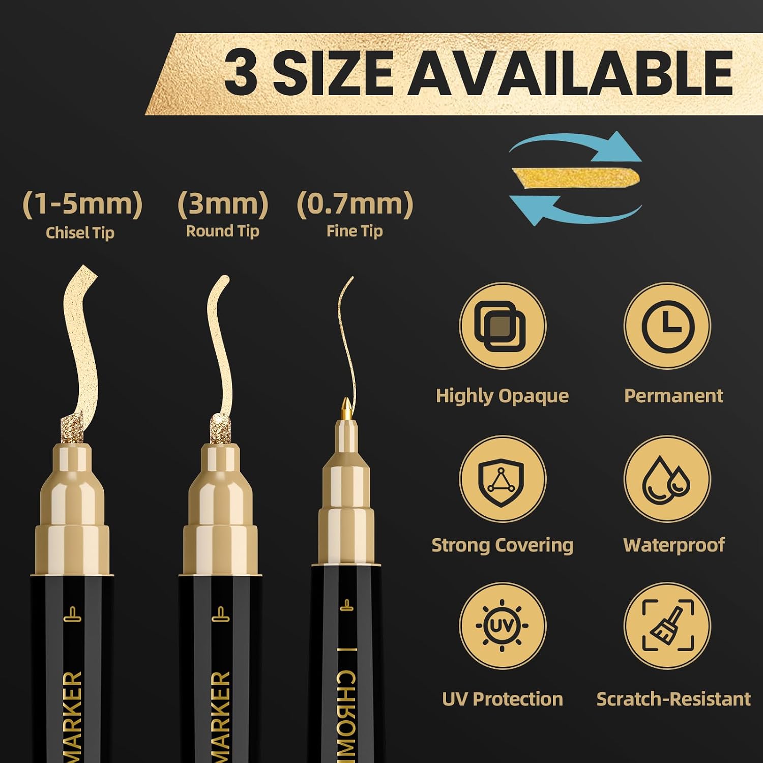 3 Pack Dual Tip Liquid Gold Chrome Markers, Permanent Shiny Gold Marker Pen for Most Surfaces, Golden Metallic High-gloss for Model Repairing, Painting, Marking or DIY Art Project
