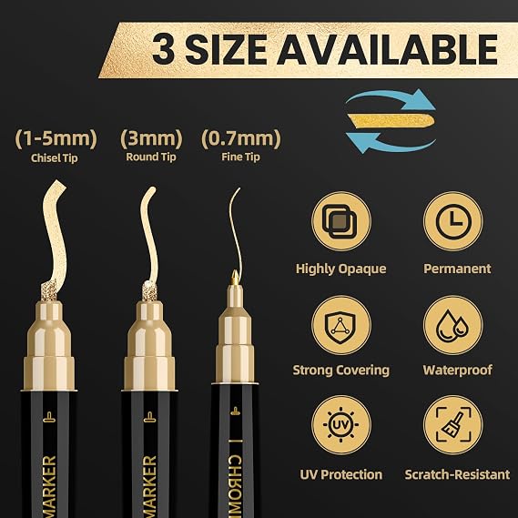 3 Pack Dual Tip Liquid Gold Chrome Markers, Permanent Shiny Gold Marker Pen for Most Surfaces, Golden Metallic High-gloss for Model Repairing, Painting, Marking or DIY Art Project