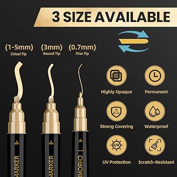 3 Pack Dual Tip Liquid Gold Chrome Markers, Permanent Shiny Gold Marker Pen for Most Surfaces, Golden Metallic High-gloss for Model Repairing, Painting, Marking or DIY Art Project