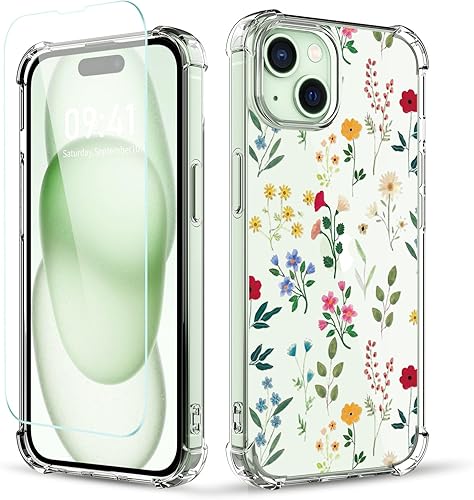 YOYORI Funda compatible con iPhone 15 con protector de pantalla, diseño de patrón de flores, funda transparente floral para mujer, a prueba de