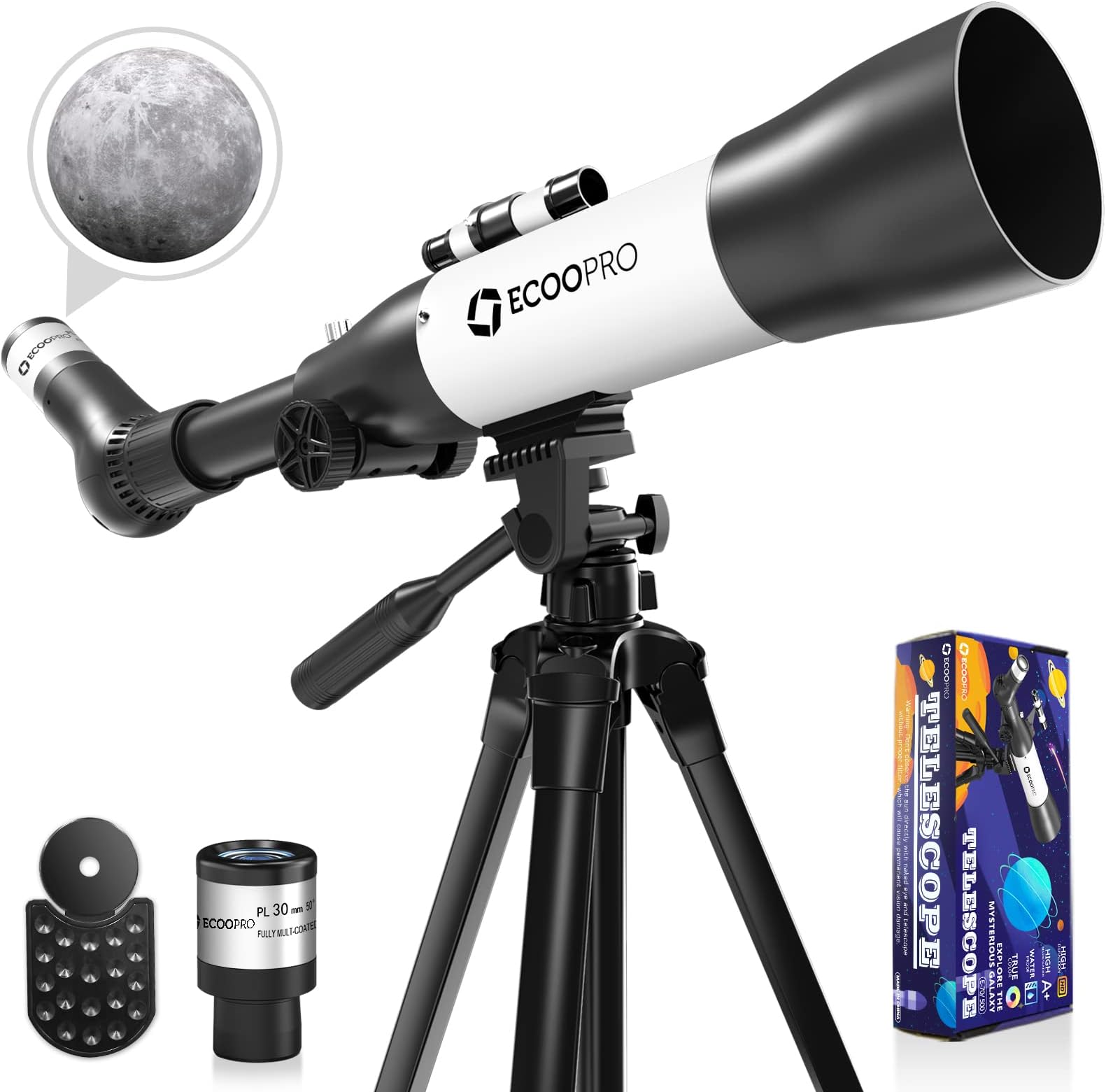 ECOOPRO Telescope for Kids Beginners, 70mm Aperture 500mm AZ Mount Astronomical Refracting Telescope, Portable Travel Telescopes with Adjust Tripod& Finder Scope, Phone Adapter, White