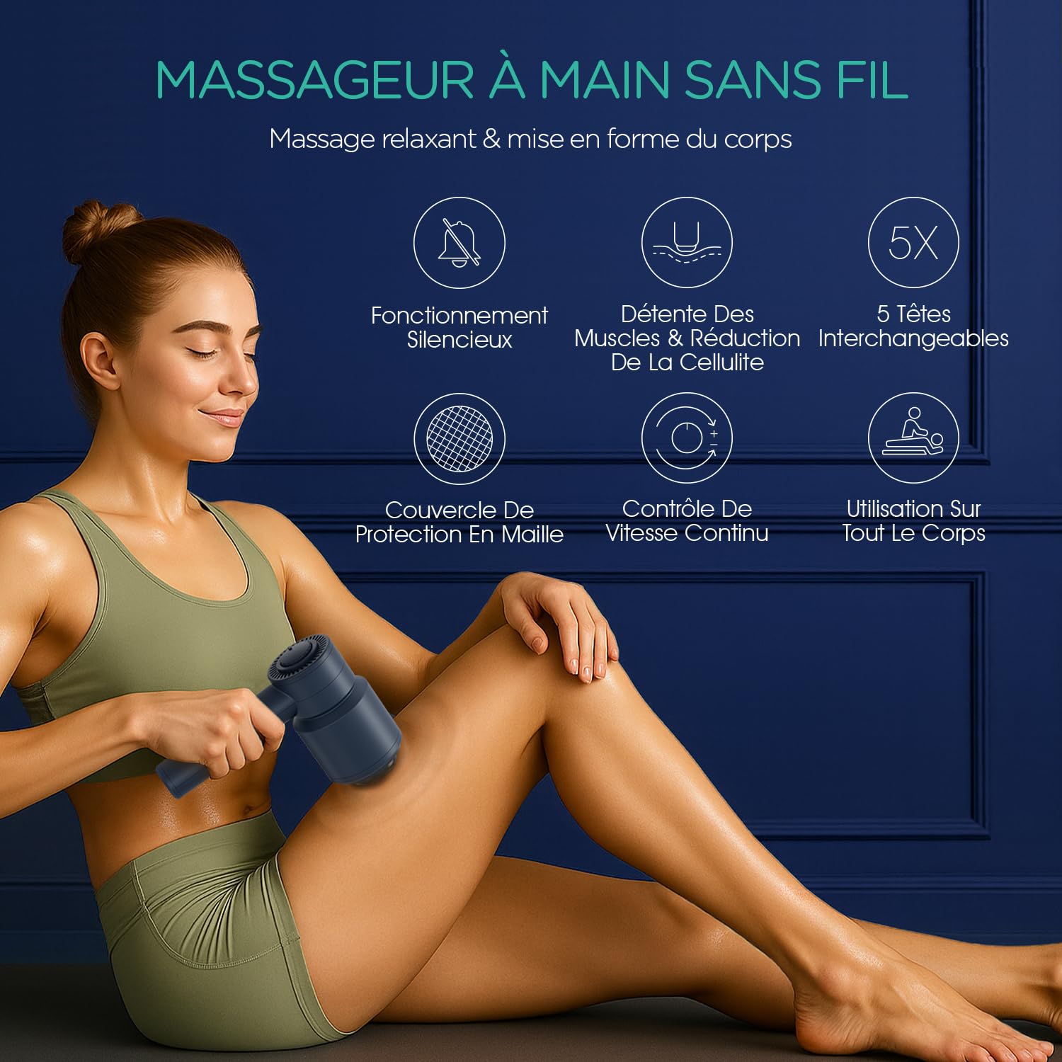 Masseur Anti Cellulite Electrique, Appareil Palper Anti Cellulite Masseur de Relaxation Musculaire avec 5 Têtes Multifonctions, Transportable et Rechargeable CM410 (Bleu)