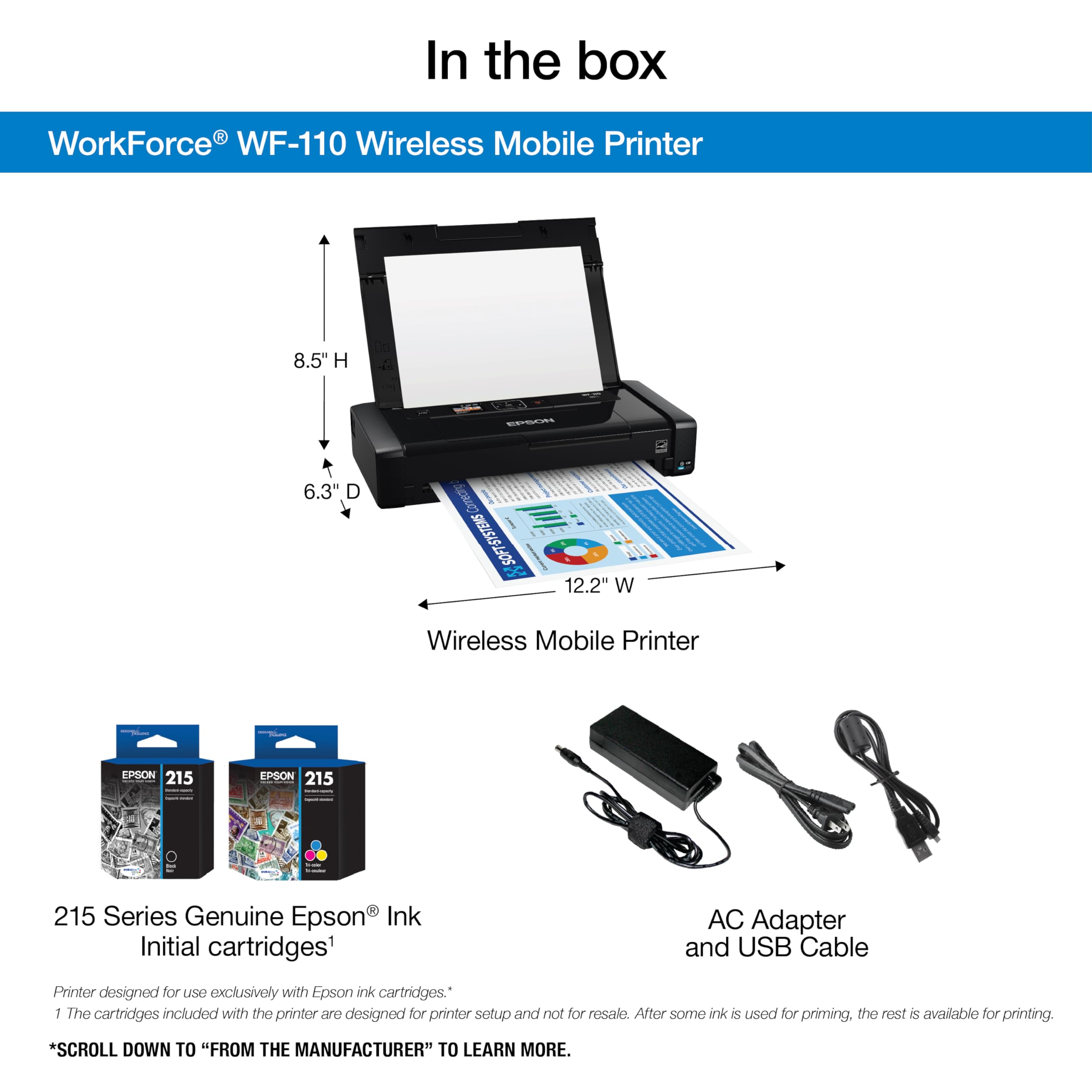 Epson Workforce WF-110 Wireless Color Mobile Printer,White, Small,Black