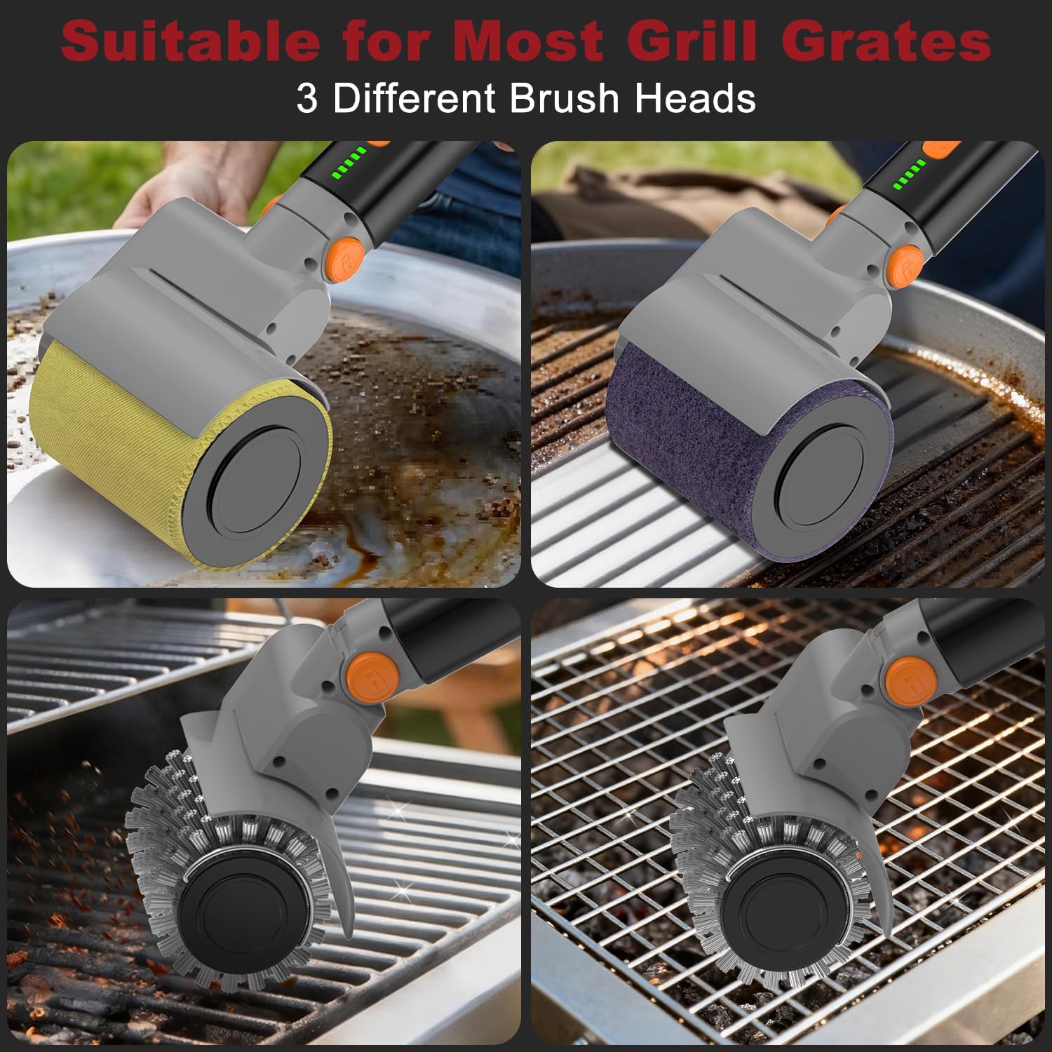 Electric Grill Brush, Rechargeable USB BBQ Grill Cleaner with 3-Speed & 3 Heads, 150+ Min Runtime, Waterproof & Heat Resistant, Cordless Rotary Grill Brush for Outdoor Barbecue Grates