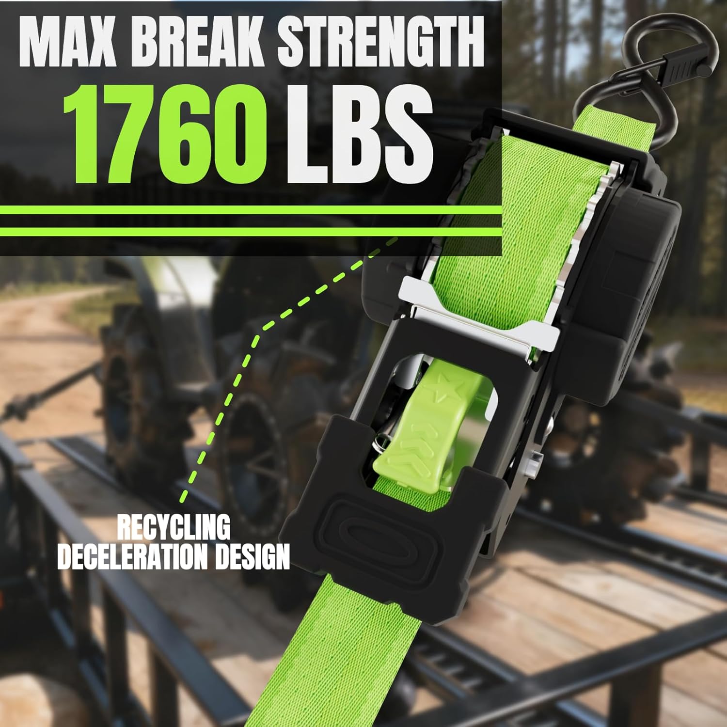 Retractable Ratchet Straps 1 Inch x 12 Feet Heavy Duty Tie Downs,1760lb Break Strength,Self Retracting for Truck,Cargo,Trailer,Motorcycle,ATV,UTV (Fluorescent Green, 4pack) - Image 2