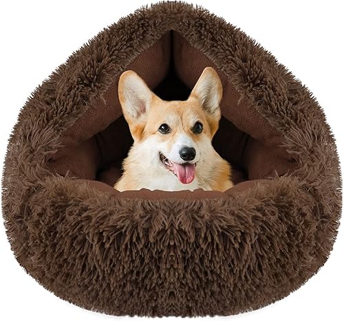 Cama redonda de felpa suave y esponjosa para perros  Cama tipo cueva para perros pequeños de 22 pulgadas, cama para gatos, cama autocalentable para
