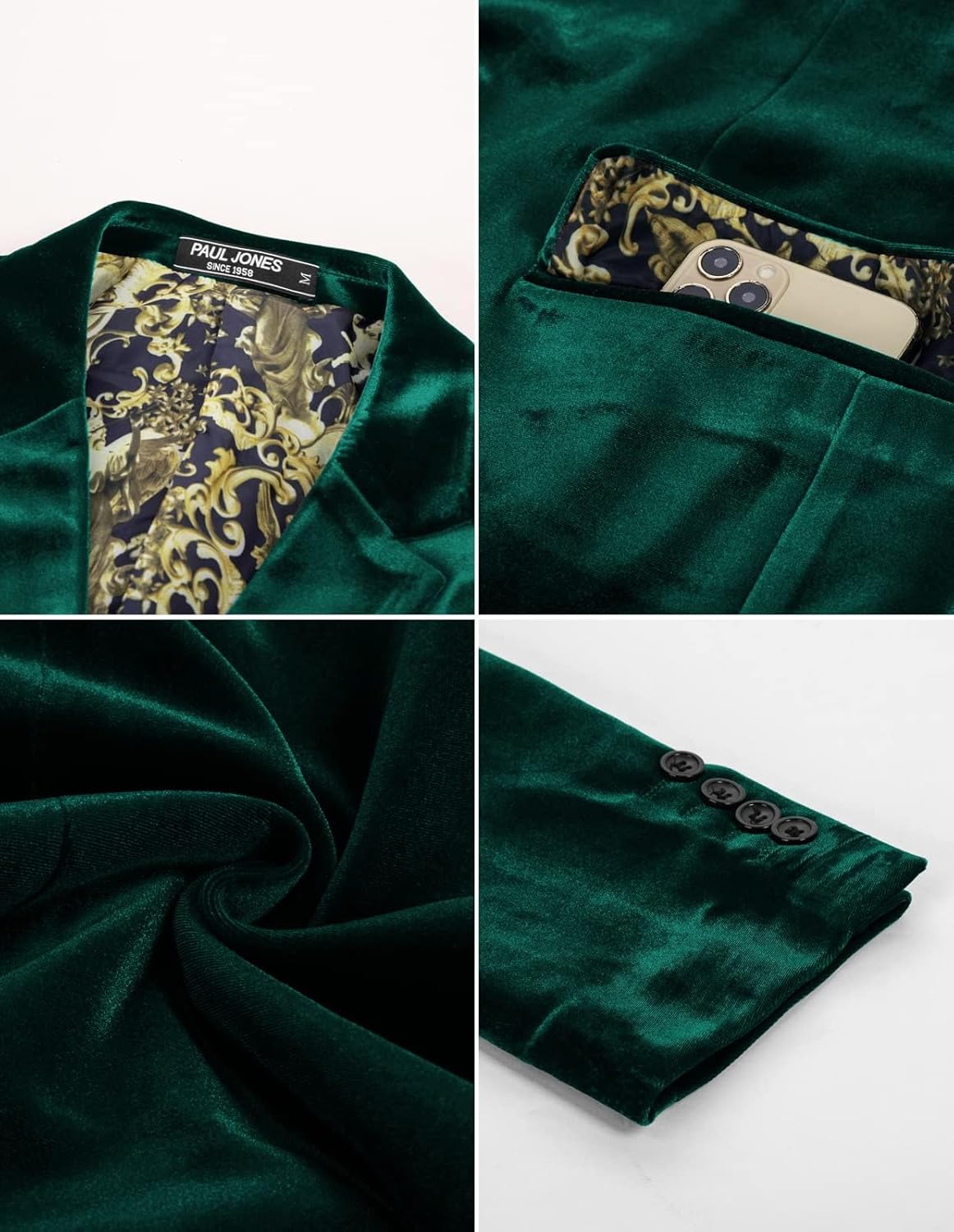 PJ PAUL JONES Mens Velvet Blazer Jacket Two Button Sport Coat Solid Suit Jackets for Dinner Prom Wedding