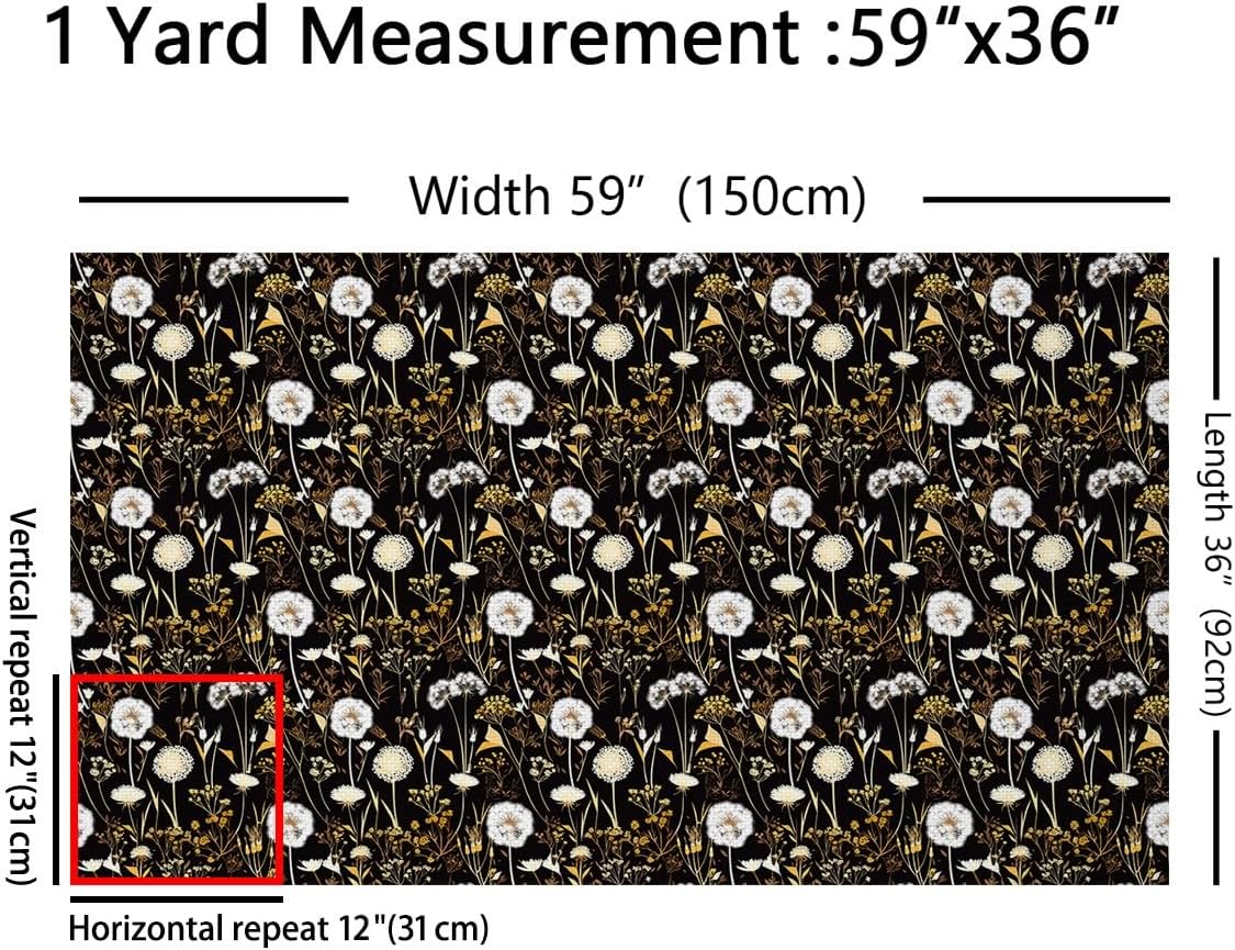 Feelyou Dandelion Fabric by The Yard 10 Yards Floral Botanical Upholstery Fabric Garden Flower Natural Theme Black for Home DIY Projects, Waterproof Indoor Outdoor Decor