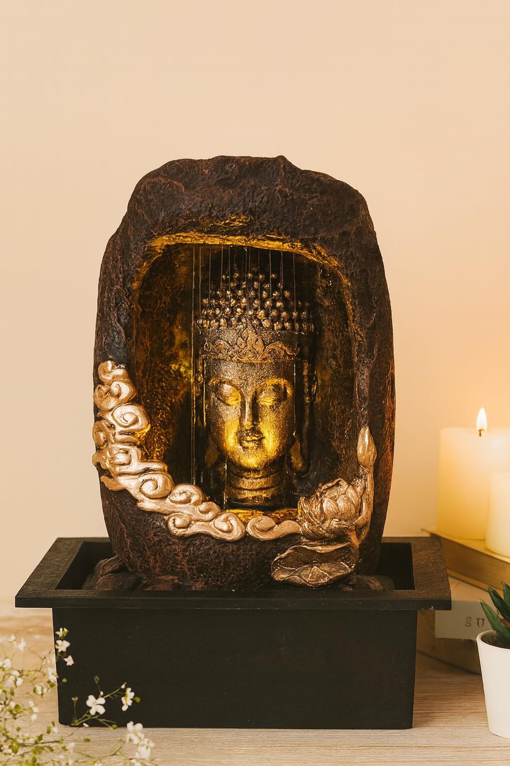 Mahganya Polyresin Budha Meditation Indoor Waterfall Fountain for Home Decor with LED Lights & Water Flow Controller Pump (Size: 38 x 29.5 x 22CM)-image-35