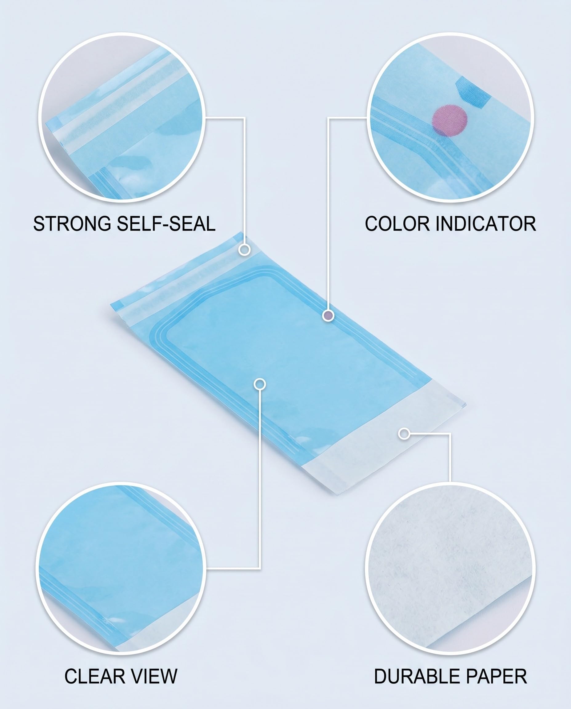 Buste Sterilizzazione Autosigillanti 200 Pezzi Blu Monouso per Strumenti Estetista Unghie Cosmetica & Autoclave Professionale