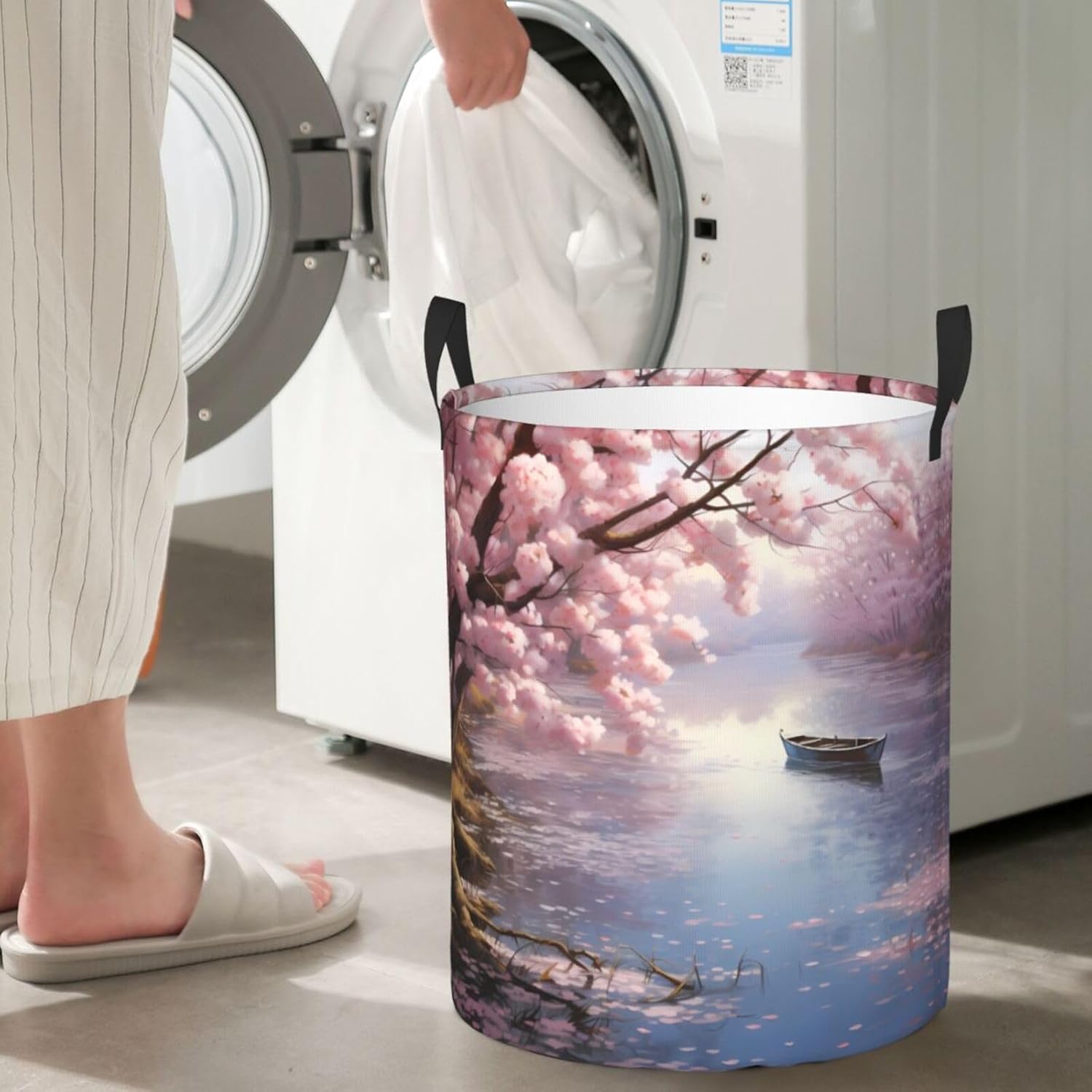 Cherry blossoms by the lake Round Single-layer Laundry Basket, Portable Storage Laundry Basket, Bedroom Clothes Storage Basket with Handle