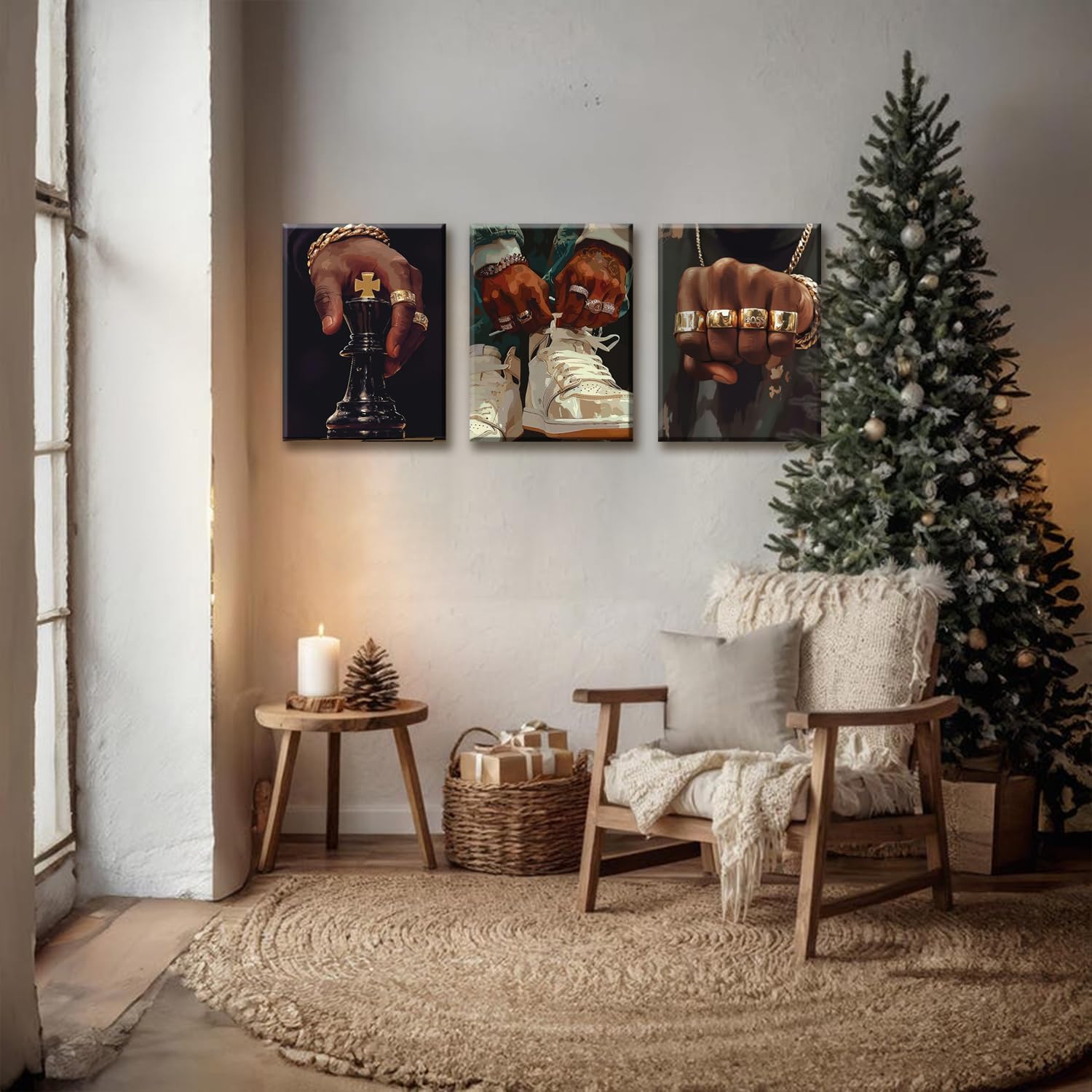 3Pcs Hip Hop Black Men Wall Art Urban African American Man Wall Decor Fashion Male Posters Prints Boss Rings Pictures King Chess Gold Chain Street Painting for Living Room Bedroom 16x24in Canvas