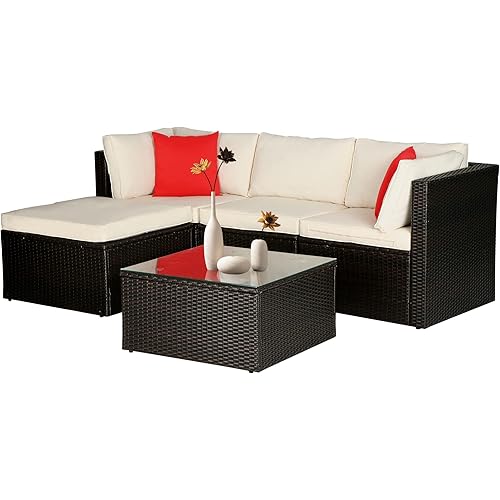 5 Pieces Patio Furniture Outdoor Wicker Sectional Patio Rattan Chair Conversation Backyard Lawn Porch Poolside Balcony Garden Sofa Set with Glass Coffee Table, Brown