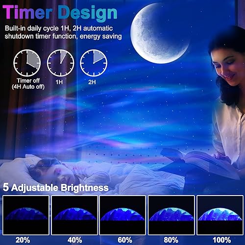 Miniatura 6 de Cadrim Proyector de estrellas con altavoz Bluetooth y control remoto, proyector Aurora Aurora con luna y estrella, proyector de luz nocturna para