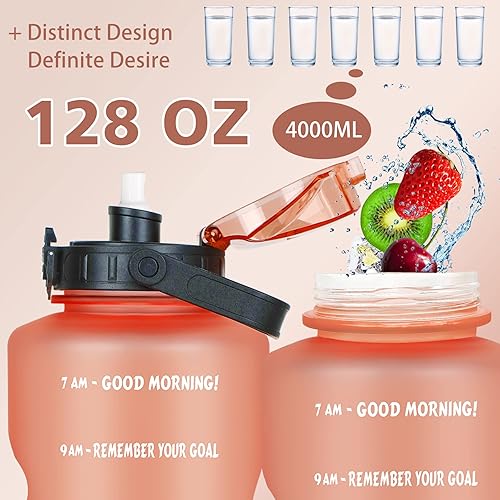 Vista 2 de ZOMAKE Botella de agua de un galón con popote y marcador de tiempo, jarra de agua grande motivacional de 128 onzas, sin BPA, botella de agua a Oro