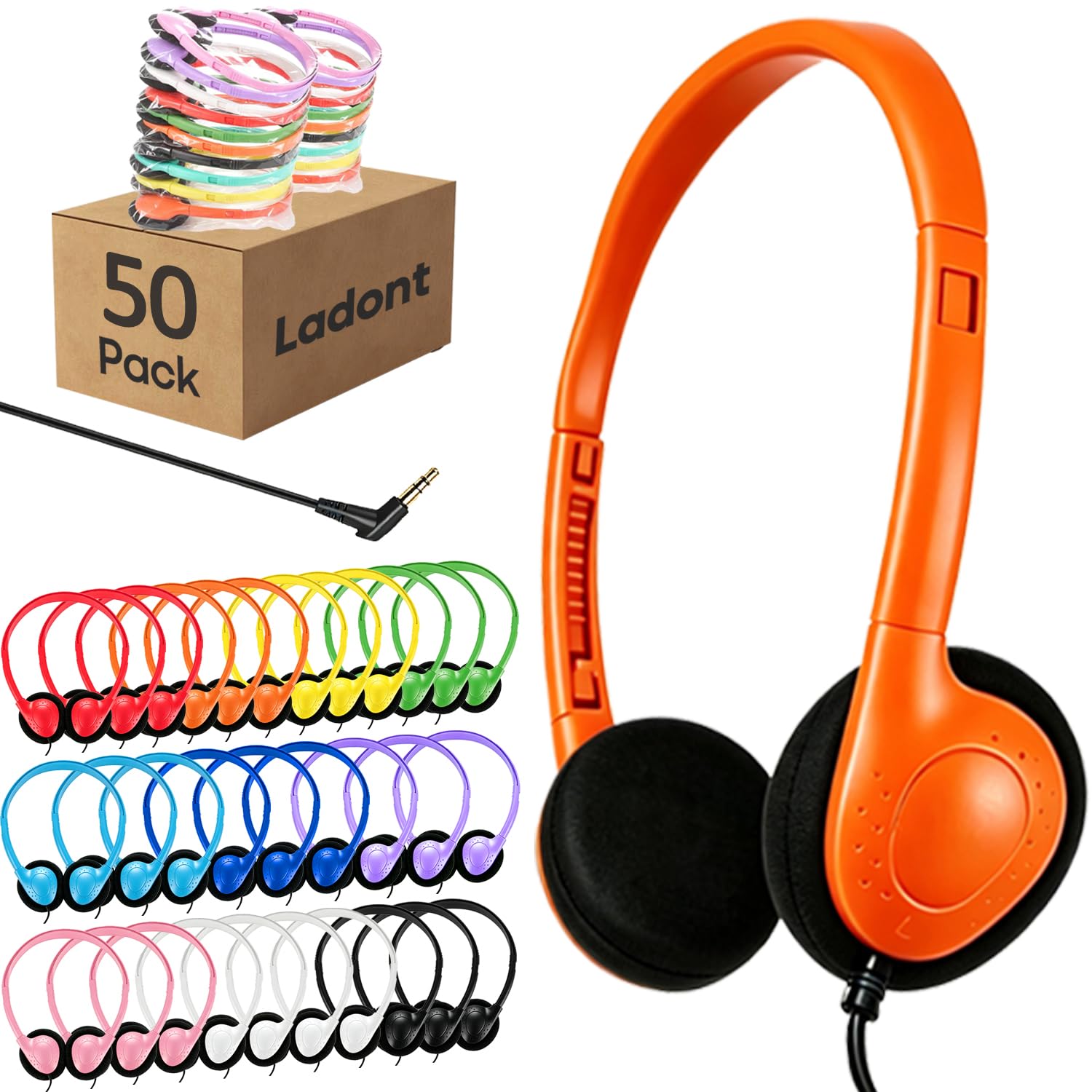 Lot de 50 écouteurs filaires supra-auriculaires pour écoliers, bibliothèques, enfants, son clair, prise jack 3,5 mm pour l'apprentissage en ligne (noir)