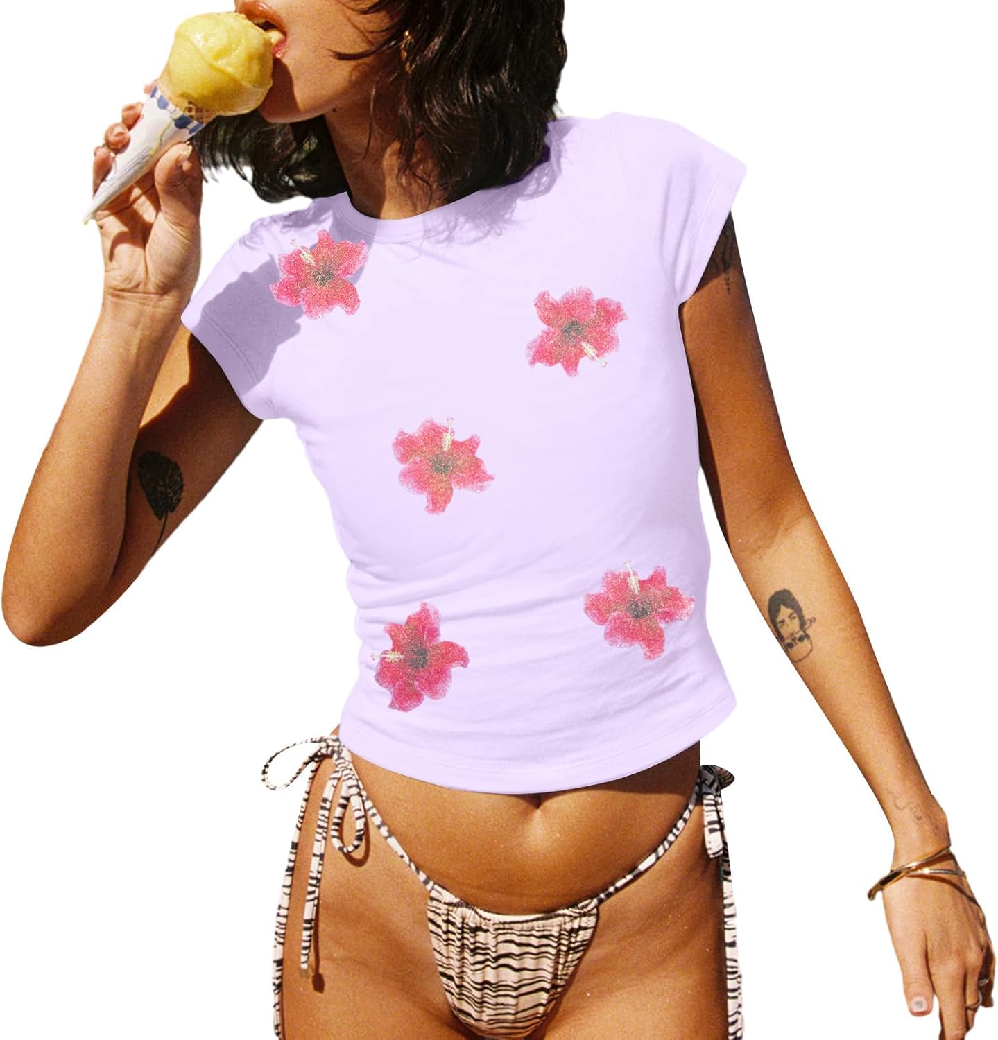 SUPEYA Y2K Baby T Shirt Hawaiian Shirt Women Hawaii Hibiscus Graphic Crop Tops Vintage Aesthetic Summer Vacation Tops Purple Medium