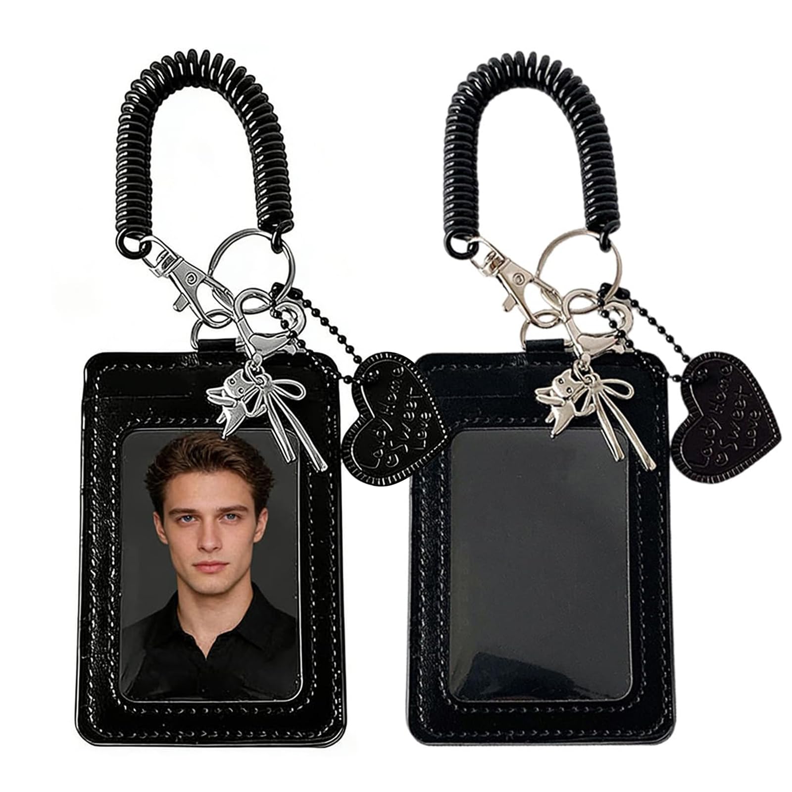 Nymora Photocard Holder with Chain, Y2K Charm Holder Star Photo Card Holder Keychain, 2 Black Leather Card Holders Photocard Sleeves & ID Cards