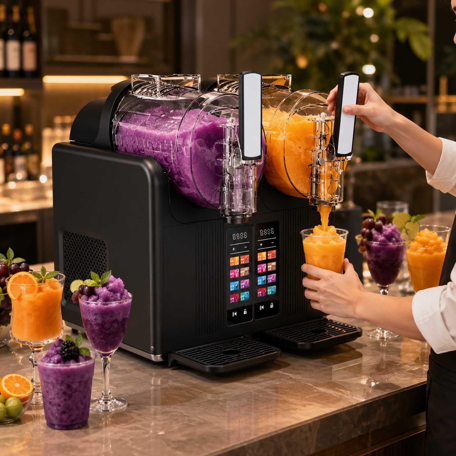 Machine À Glace Italienne Et Granité À Double Cuve, 7 Programmes Préréglés, 2 Réservoirs De 2 L,Nettoyage Automatique, pour Granités Aux Fruits, Cafés, Milk-Shakes Et Glace Soft Black