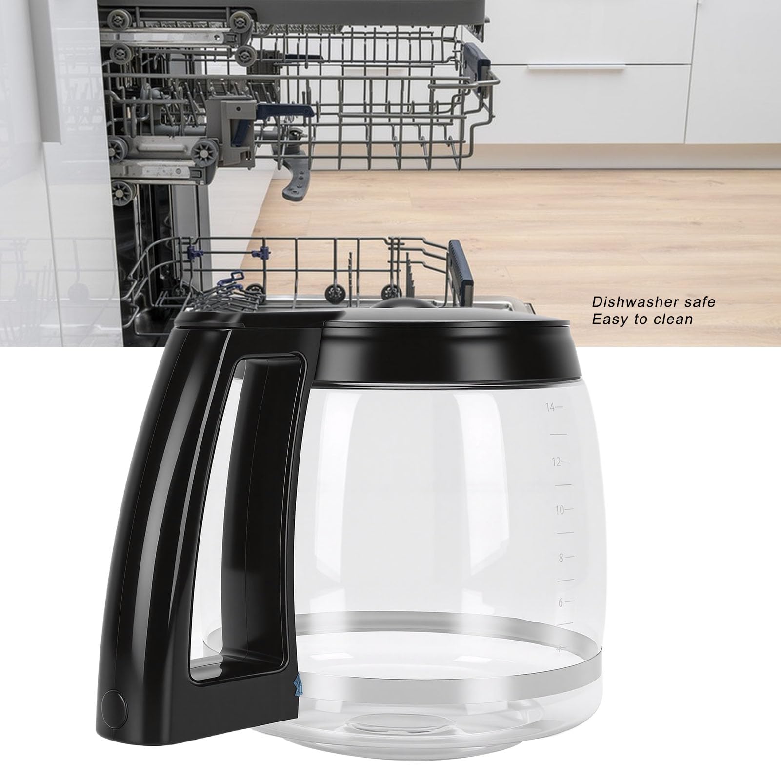 Ersatz für Kaffeekanne, Ersatzkaraffe für Kaffeemaschine aus Glas mit Griff, und Kältebeständige Kaffeekanne für Espressomaschinen, Leicht zu Reinigen (Ersatz für 14 Tassen 2,1 l)
