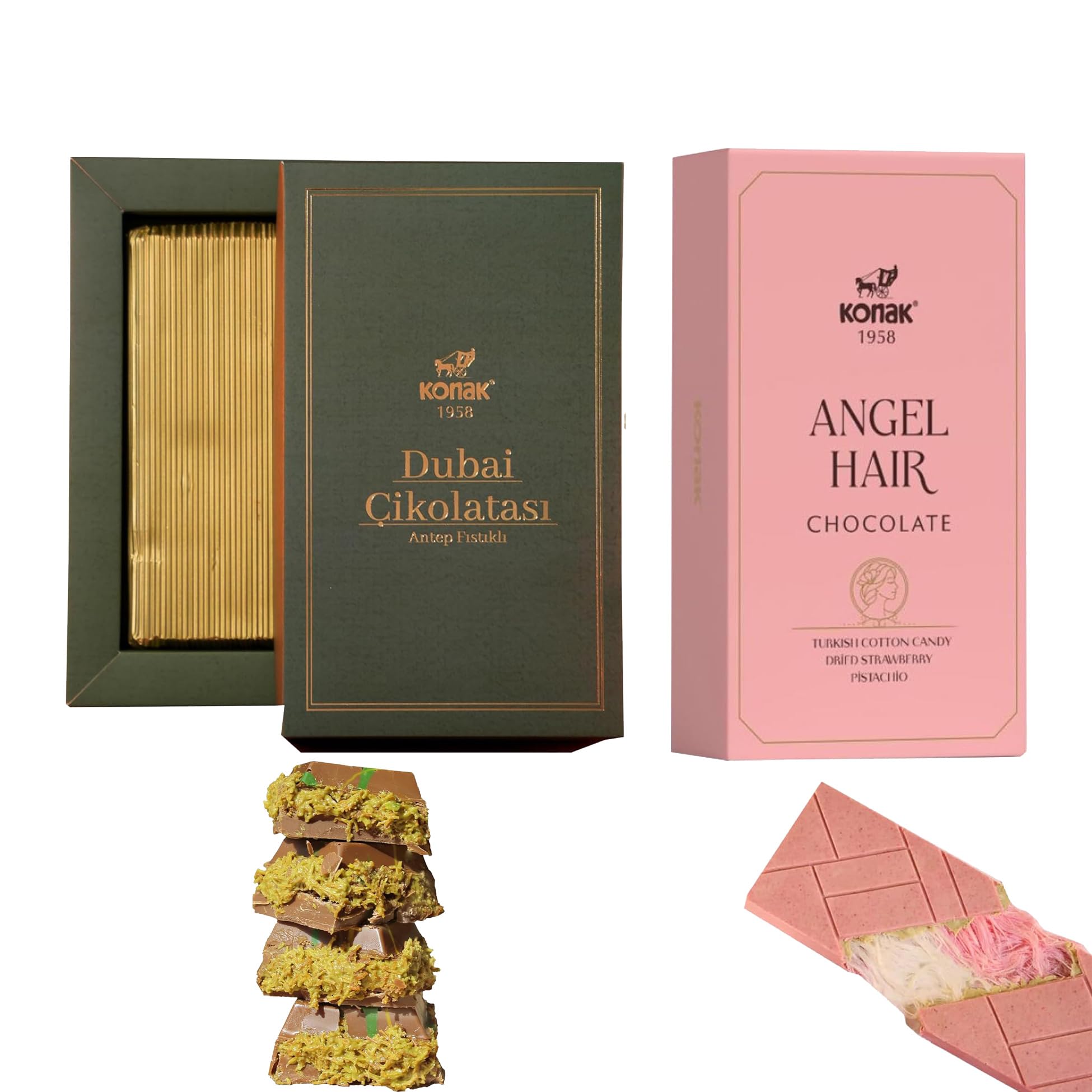 Angel Hair & Dubai Chocolat – Chocolate Cotton Candy Bar 170g (5.09 oz) + Kunafa Pistachio Milk Chocolate 200g (7.05 oz) – Gift Box with Strawberry, Pistachio – Premium Treat for Birthdays, Christmas, Congratulations – Amazing Pack