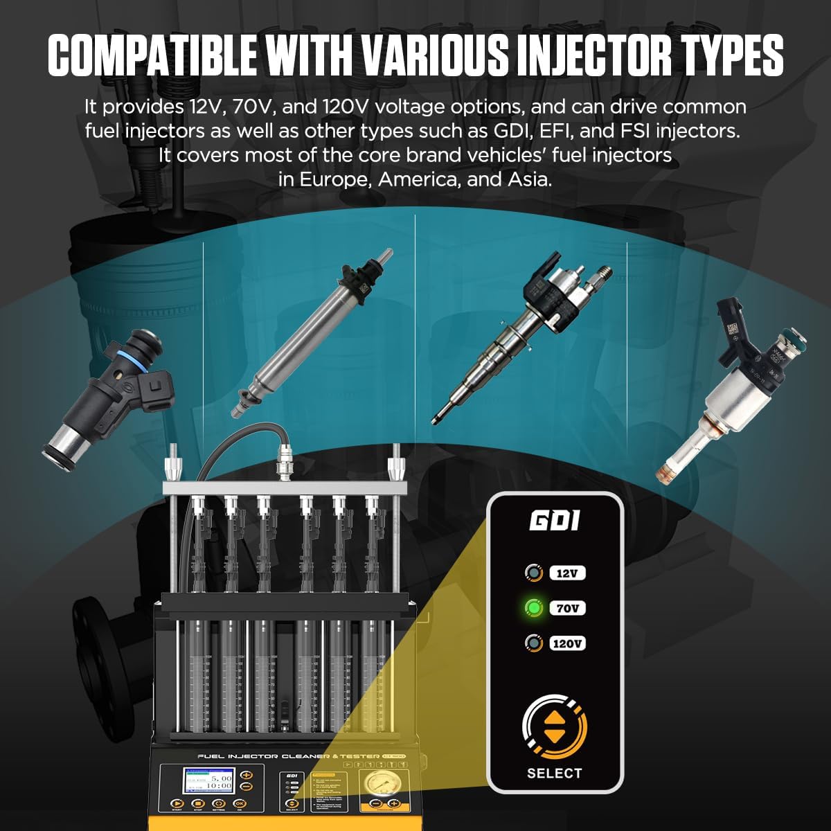 Fuel Injector Cleaner and Tester Machine, 6 Cylinder Fuel System Injection Cleaning Tester with 9 Types Adapter, 3 Cleaning & 12 Testing Functions for GDl,EFI,FSI, 0-40ms Pulse Settings, 0.1ms Step