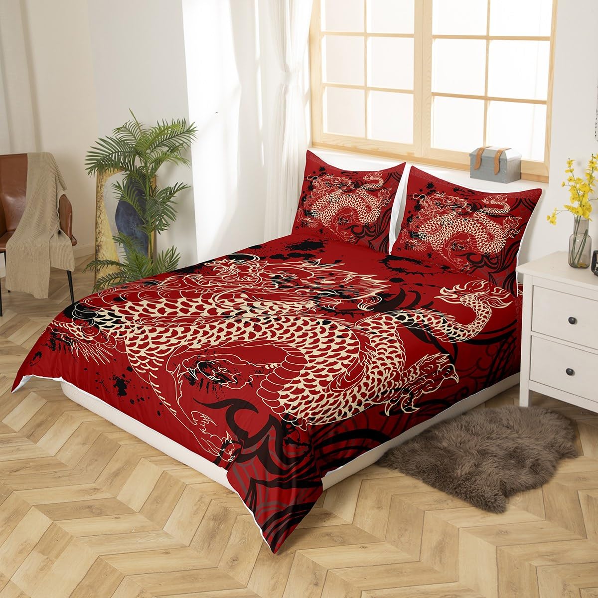 Homemissing Dragon Duvet Cover Boys Girls Traditional Element Bedding Set For Kids Chinese Dragon Comforter Cover Set Red Black Bedspread Cover Decor Bedclothes Zipper Single - Image 3