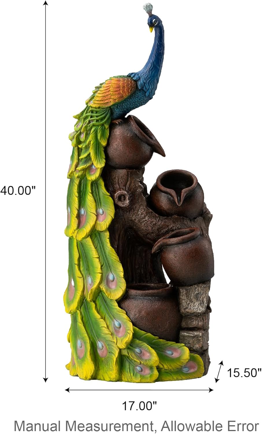 Glitzhome Oversized 4-Tiered Peacock and Jars Polyresin Outdoor Floor Fountain with Pump and LED Light, 40" H