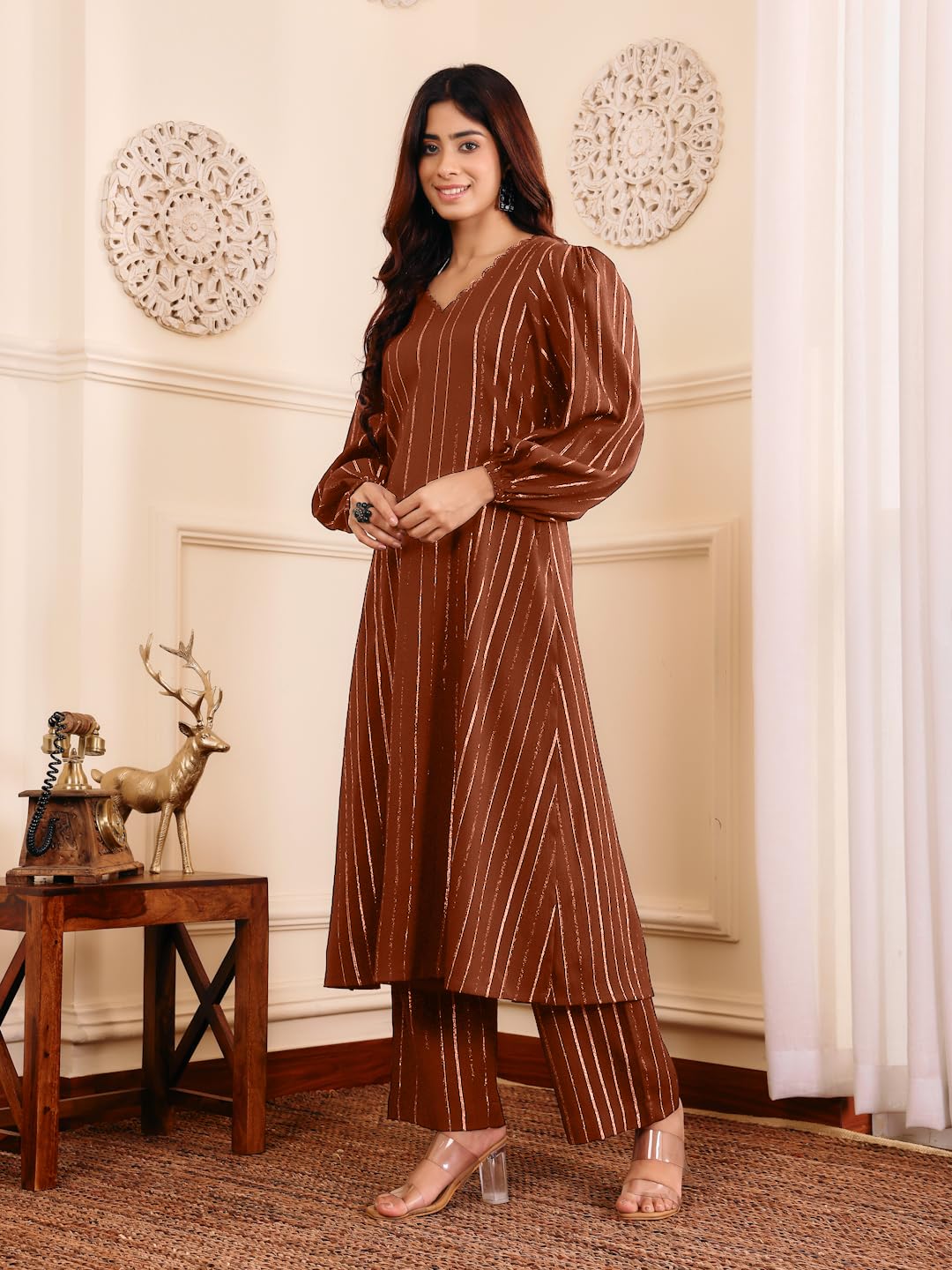 Varanga Women Brown Lurex A- Line Kurta With Trousers
