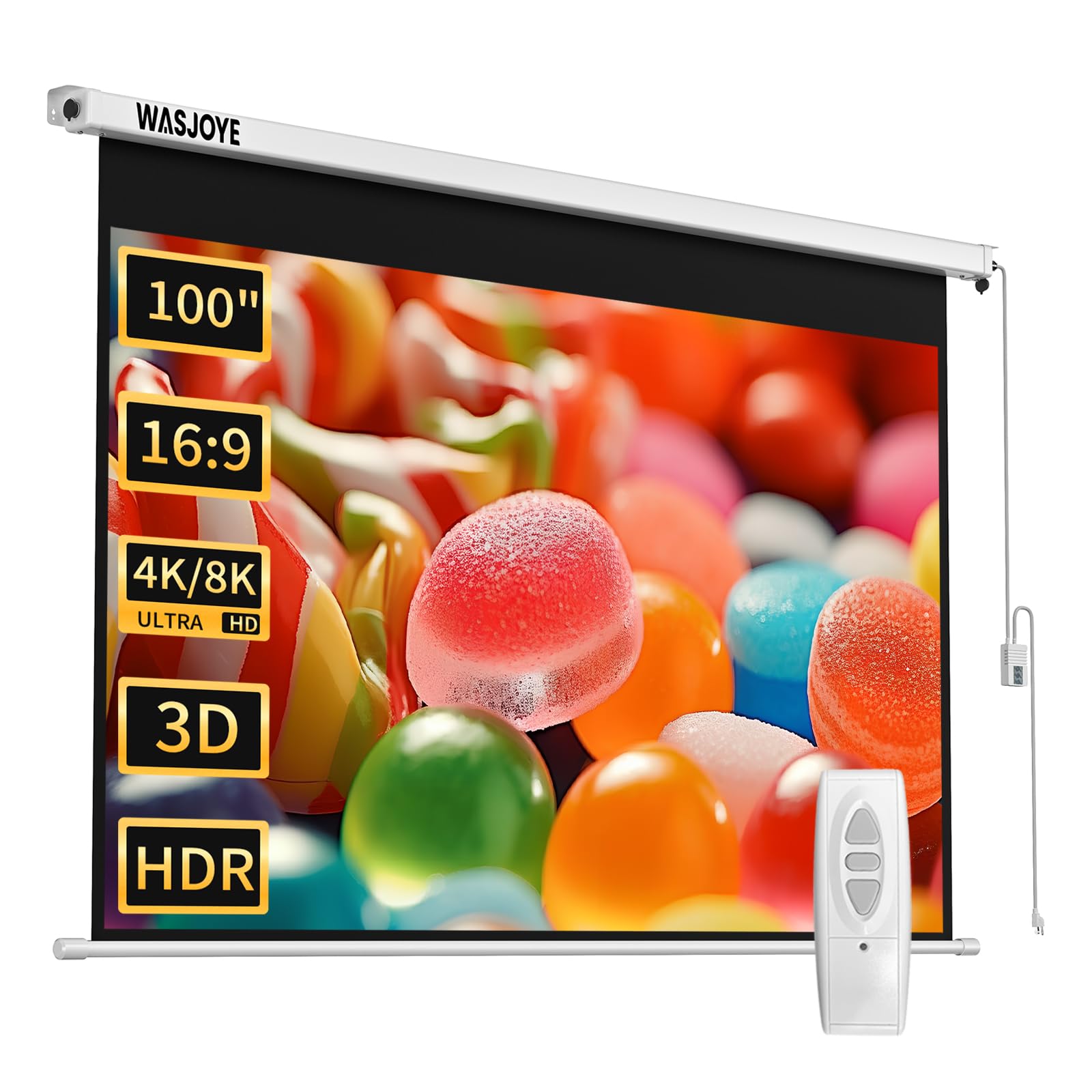 WASJOYE Motorized Projector Screen, 100 Inch 16:9 8K Projection Screen Pull Down, Dual-Side Power Supply, Wall Ceiling Mounted Projecteur Screen for Office Home Theater Movie Video Game