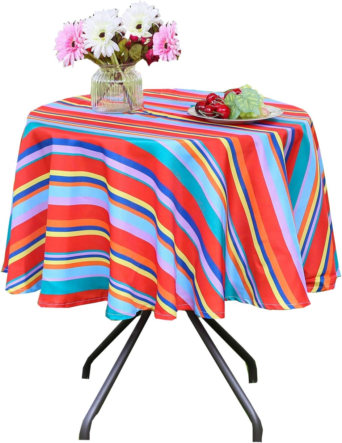 Poise3EHome 60 inches Outdoor/Indoor Waterproof Spillproof Round Tablecloth for Camping Picnic Party Patio Table Spring, Color Stripe